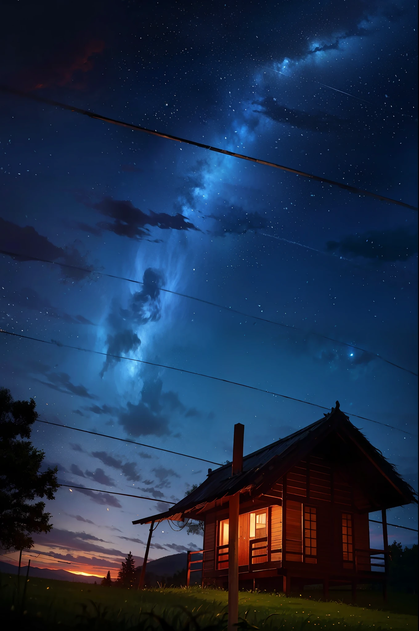 um campo aberto com grama alta. No centro do campo, Draw a majestic tree with extended branches. In the night sky, desenhe uma lua grande e brilhante. Fill the sky with several twinkling stars, espalhando-os aleatoriamente. Para adicionar um toque extra, You can add a small picturesque hut next to the tree, with smoke billowing from the chimney and lights on inside