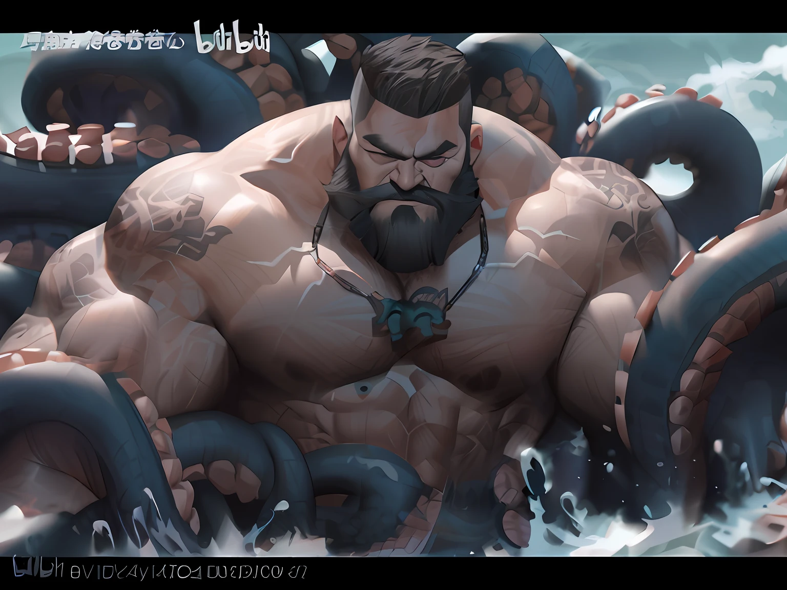 There was a man with a beard and a beard，[ 4 K digital art ]!!, muscular features, Tentacle beard, muscular character, large biceps, epic digital art illustration, absurdly massive physique, trending on artstation 4k, Deviantart ArtStation CGSCOSIETY, 4 k digital painting, 4k digital painting，There is one with a beard, Man tattooed on body of water, muscular features, muscular character, Tentacle beard, manly monster tough guy, epic digital art illustration, tentacle beast, Covered with tentacles, with a squid tattoo on his arms, musculous, The expression is pleasant, Strong muscles, Tentacle wrapping, Pressed and entangled by tentacles, Bundled, Stretch and wrap your hands,An uncomfortable expression