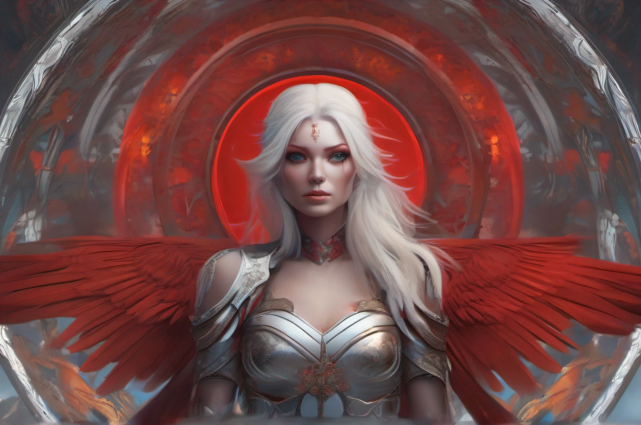 "Behold the crimson-metal red winged woman angel with white hair, piercing crimson eyes, and pale skin standing amidst the twilight. Every detail of this mythical creature has been captured in extreme quality, from the tattooed bodies to the ultra-detailed face, all rendered in ultra HD 8k digital art with unmatched precision and digitality. The dark lightning that surrounds this magnificent being adds to the sense of awe and wonder. This is not just any digital art portrait, but a concept art masterpiece by Greg Rutkowski, also known as artgerm, renowned for his hyperdetailed and intricately detailed gothic art style. The use of triadic colours adds to the fantastical and otherworldly nature of the piece, with intricate details that make it a true splash screen. The complementary colours and intricate details make this fantasy concept art a gothic