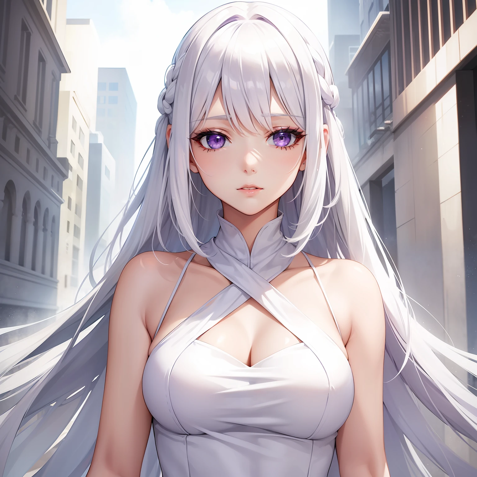 a women, white hair, purple eyes, white dress