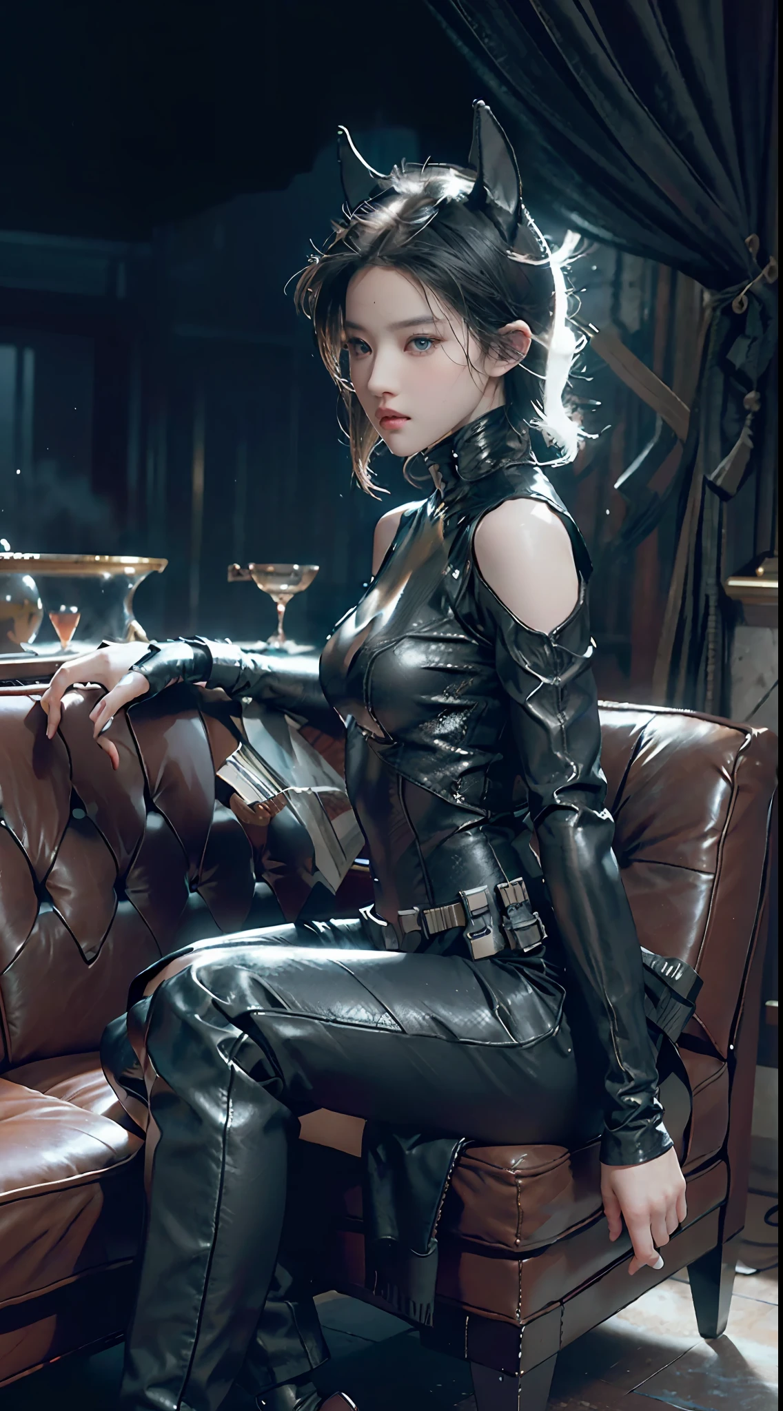 RAW, Masterpiece, Ultra Fine Photo,, Best Quality, Ultra High Resolution, Photorealistic, Sunlight, Full Body Portrait, Stunningly Beautiful,, Dynamic Poses, Delicate Face, Vibrant Eyes, (Side View) , she wears futuristic Batman costume, skinny leather pants, turtleneck top, off shoulders, Batman ears, sitting on a leather sofa, very detailed background, detailed face, detailed tidy background, gorgeous, Milky white, high detailed skin, realistic skin detail, visible pores, sharp focus, volumetric fog, 8k uhd, dslr, high quality, film grain, fair skin, photorealism, lomography, in a future utopia metropolis, seen from below, translucent, semi transparent dress,