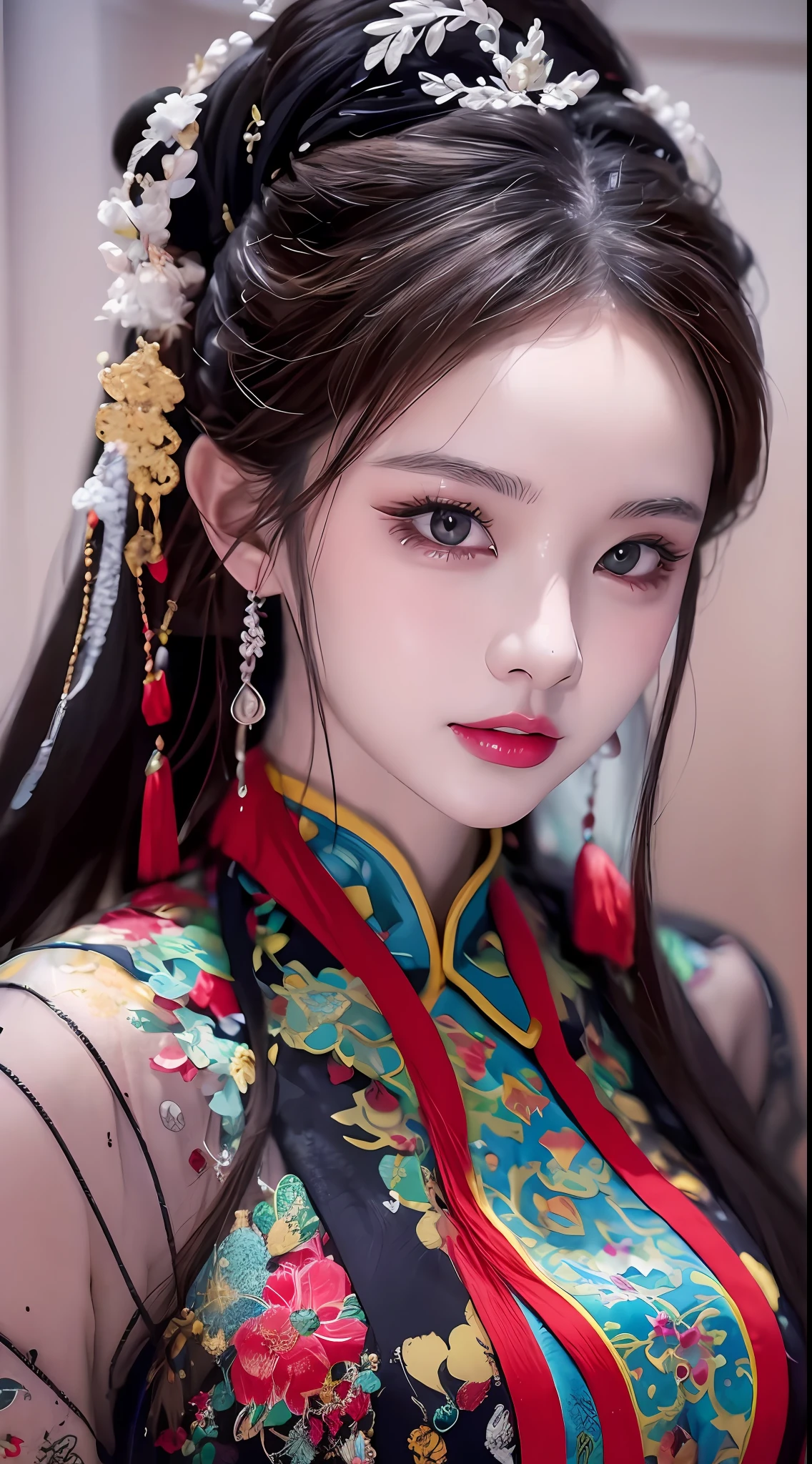 1 Chinese girl is very beautiful and lovely, wearing a long thin silk shirt with many sexy colors, In the Dark: 1.6), surreal female portrait by David Hockney and Alphonse Mucha, realistic art, Chinese super cute doll, cute little face,photorealism, dynamic lighting, artstation, volumetric lighting, very detailed faces, round chin, 8k ultra, Awarded, in the dark, deep shadow, low key, wearing black contact lenses: 1.4), chinese traditional costume, long hair, black hair, bust, luxurious palace, Royal style, devil crown, black eyes make up very sharp and detailed, The most beautiful face, balanced and white teeth, the breasts are very big and round and round, Super realistic, chinese women's clothing, polo neck sweater, Charming smile, The eyes are very well made up, eye bags under wet makeup, guweiz, hanfu style, wearing black mesh socks, Ponytail with a bow tied at the back of the hair, red lipstick, wearing a thin red and black robe, Hands pull the straps to reveal sexy breasts, the landscape is overcast and thunderous, (upper body portrait), Close-up of the main character, (Background details 1.8),HDR, UHD, 8k quality, detailed pixel, super realistic,