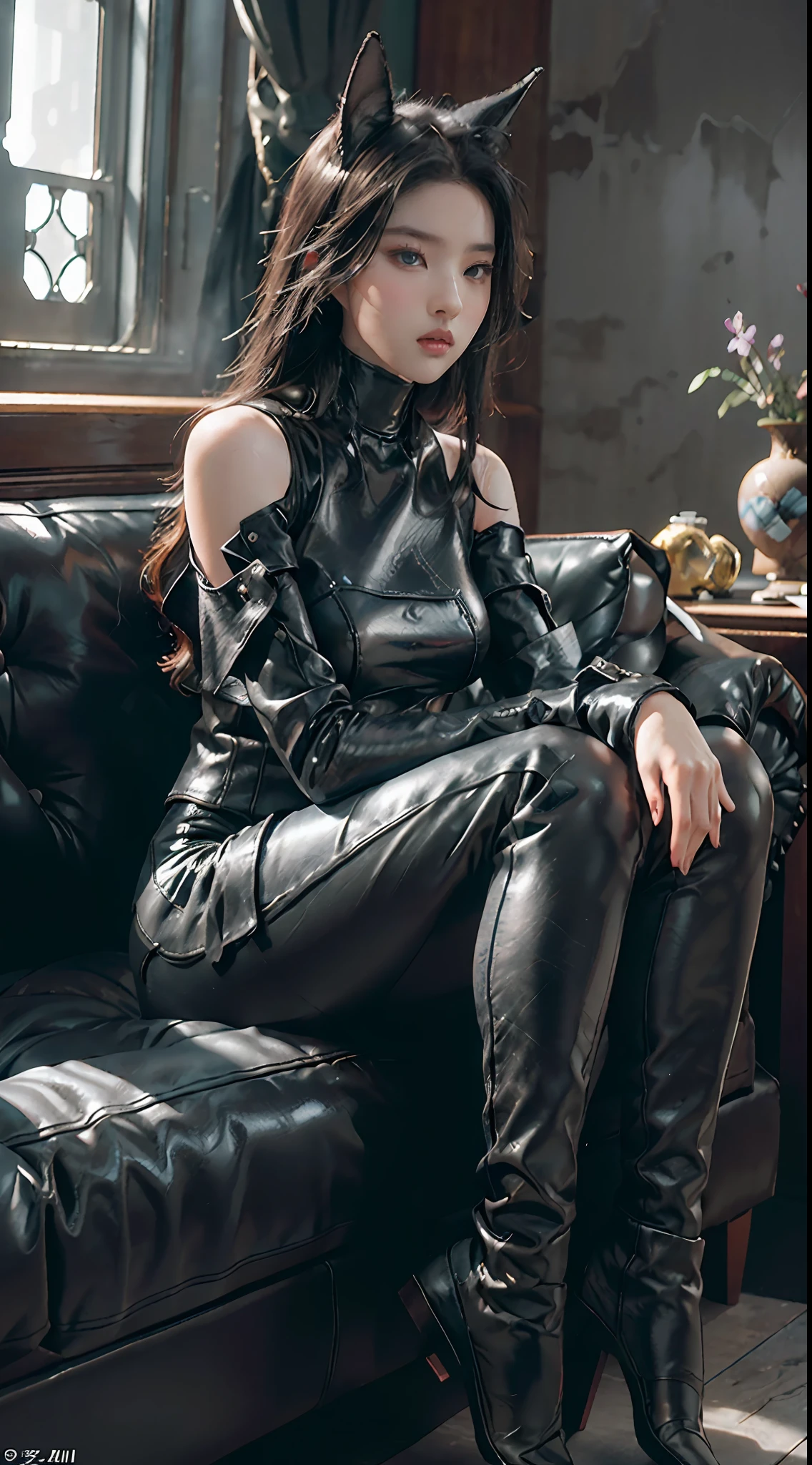 RAW, Masterpiece, Ultra Fine Photo,, Best Quality, Ultra High Resolution, Photorealistic, Sunlight, Full Body Portrait, Stunningly Beautiful,, Dynamic Poses, Delicate Face, Vibrant Eyes, (Side View) , she wears futuristic Batman costume, skinny leather pants, turtleneck top, off shoulders, Batman ears, sitting on a leather sofa, very detailed background, detailed face, detailed tidy background, gorgeous, Milky white, high detailed skin, realistic skin detail, visible pores, sharp focus, volumetric fog, 8k uhd, dslr, high quality, film grain, fair skin, photorealism, lomography, in a future utopia metropolis, seen from below, translucent, semi transparent dress,