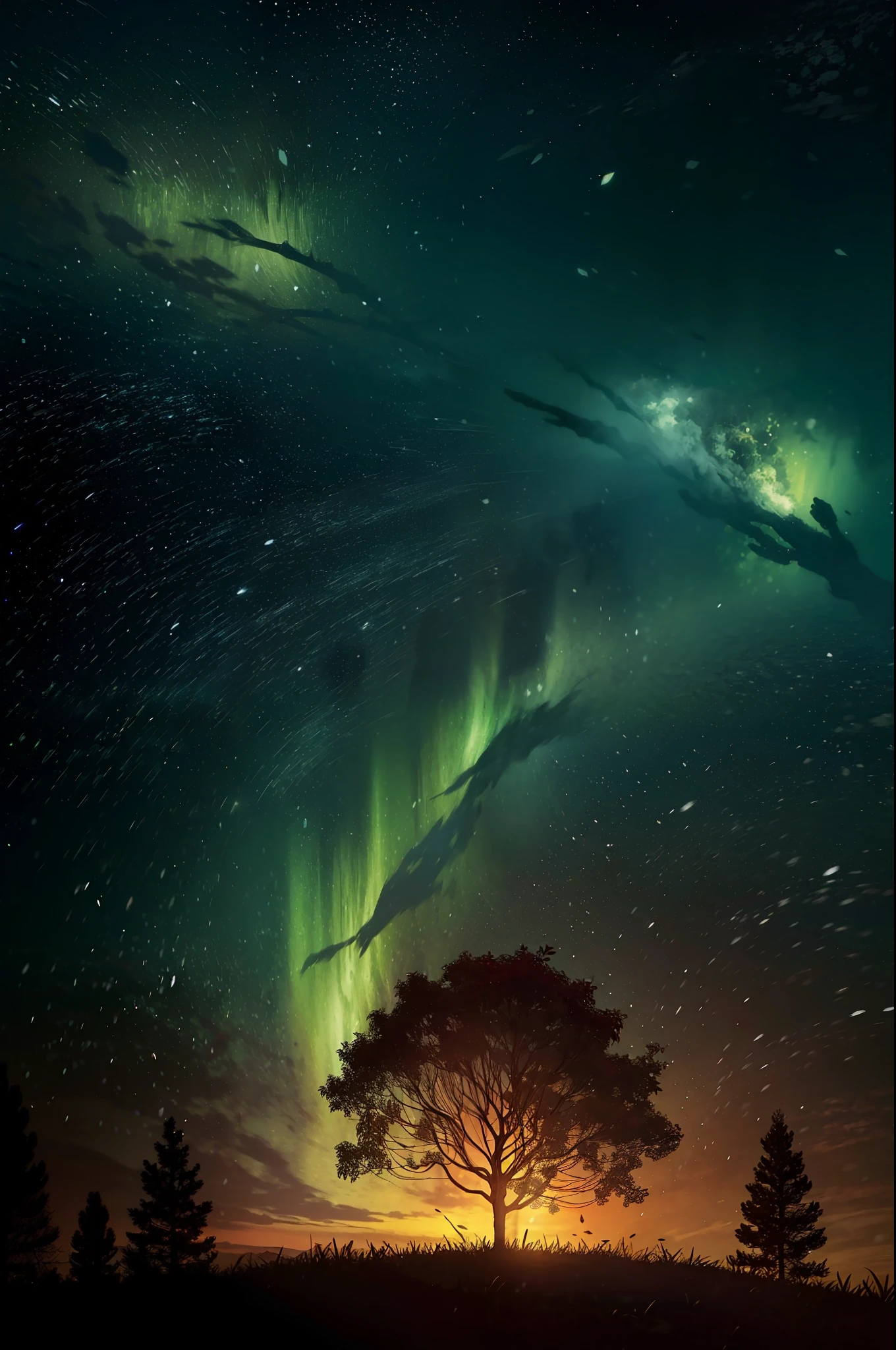 um campo aberto com grama alta. No centro do campo, Draw a majestic tree with extended branches. In the night sky, desenhe uma lua grande e brilhante. Fill the sky with several twinkling stars, espalhando-os aleatoriamente. Para adicionar um toque extra, You can add a small picturesque hut next to the tree, with smoke billowing from the chimney and lights on inside