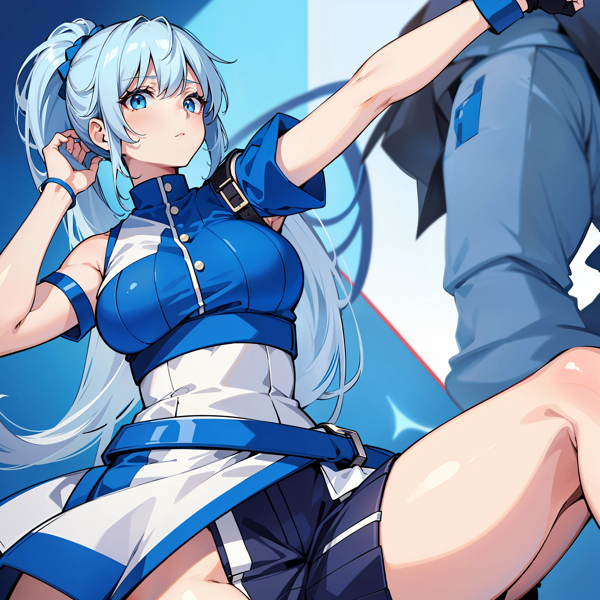 "blue sleeveless shirt with matching puffy blue arm cuffs, high-waisted white shorts stopping at her upper thigh, and a dark blue belt, ponytail, beige hair, pinkish-blue eyes, masterpiece, high resolution"