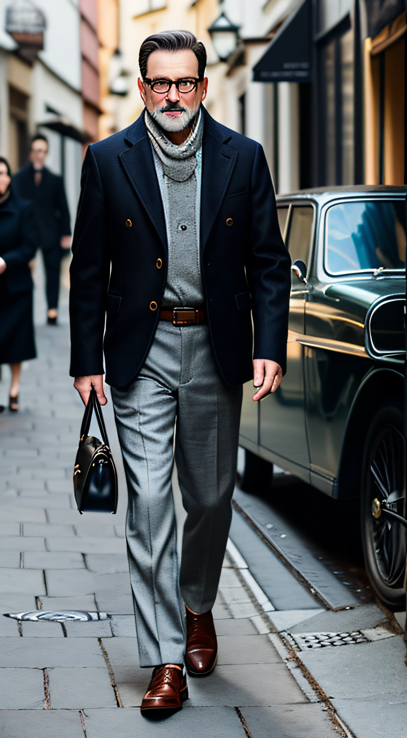 Middle-aged man,Twill Jacket, Wool slacks, Wear classic items such as classic shirts and French lace, walking on the street, scarf,Leather belt,clocks,Accessories such as handkerchiefs,Elegant and sophisticated image, ultra-definition