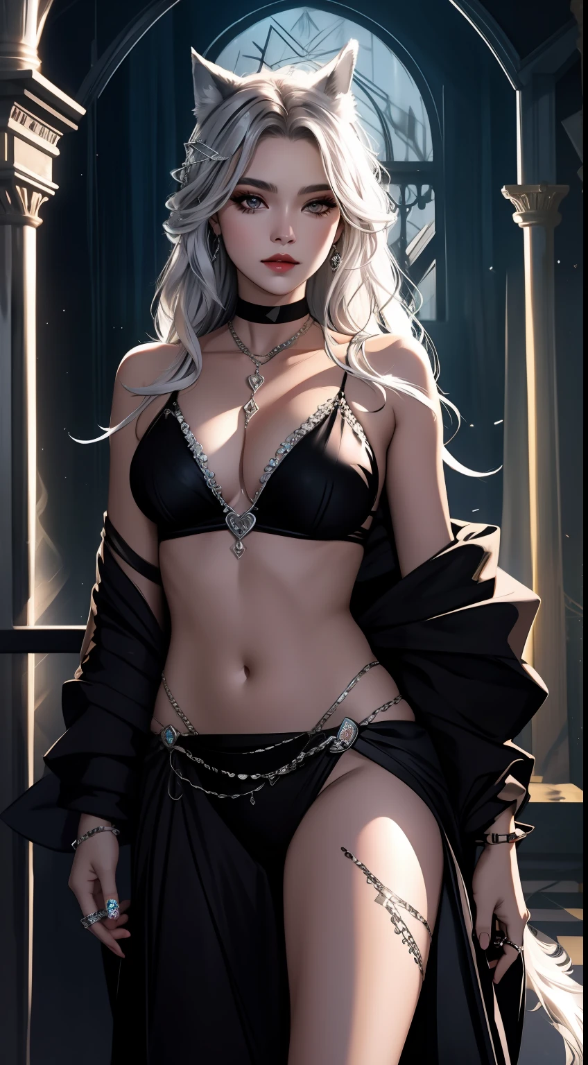 Model: long wavy hair, full dark lips, Smoky eyes, BREAK, Setting: Room with black light, Broken glass, Crystals reflect light, neon lights, BREAK, bodypaint: Polychromatic geometric patterns,Heart tattoos, Arms and legs, BREAK, Accessories: Chrome-plated chains with torn body, Silver Choker, black feathered white black wings, Naked, Topless, naked body,BREAK, the pose: erotic pose, looking forward. wolf ears, Wolf.up close, In love with love