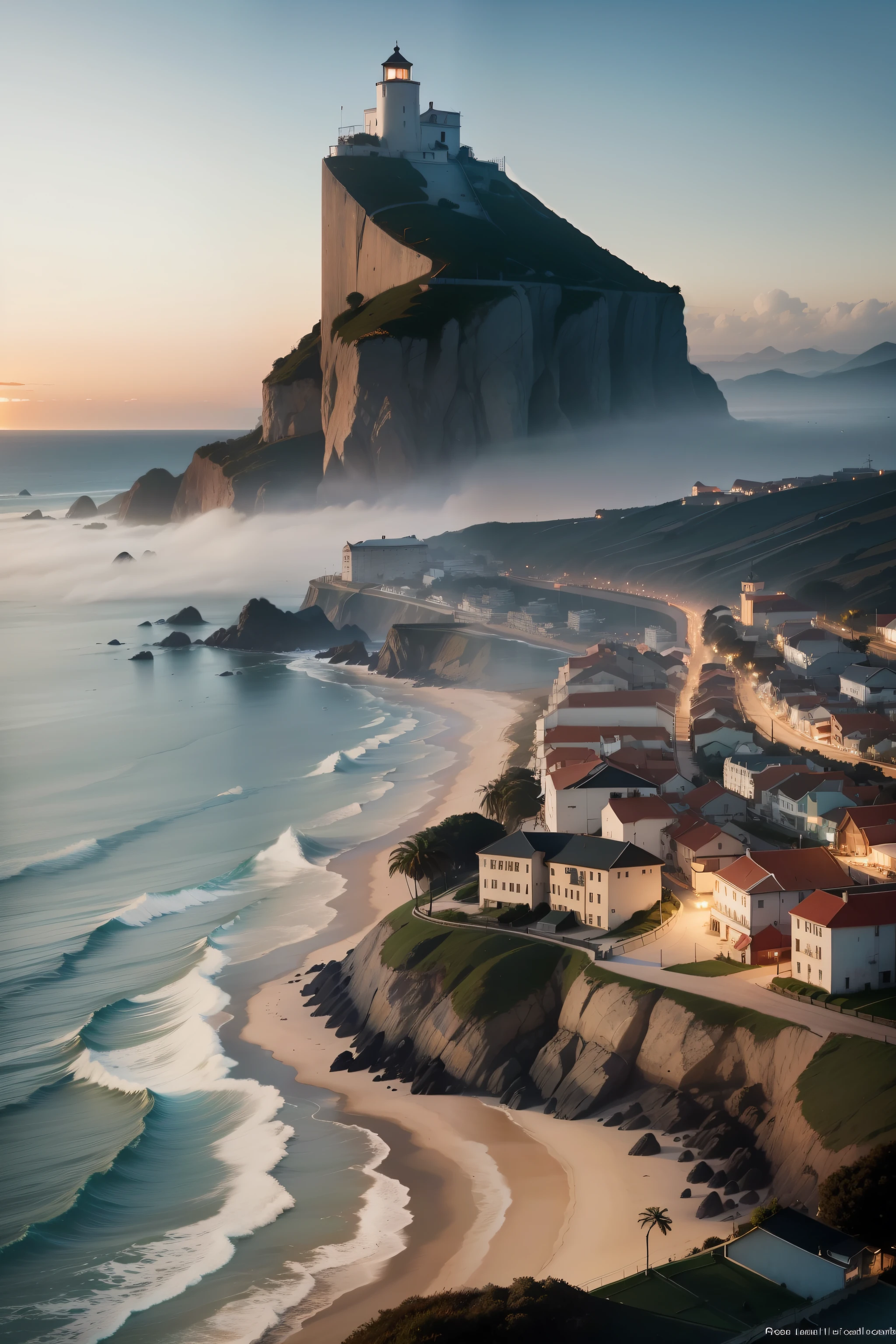 A small town from the 20s that is close to the sea that is with a lot of fog, it's a bit dark and dark, perto do mar tem um grande farol