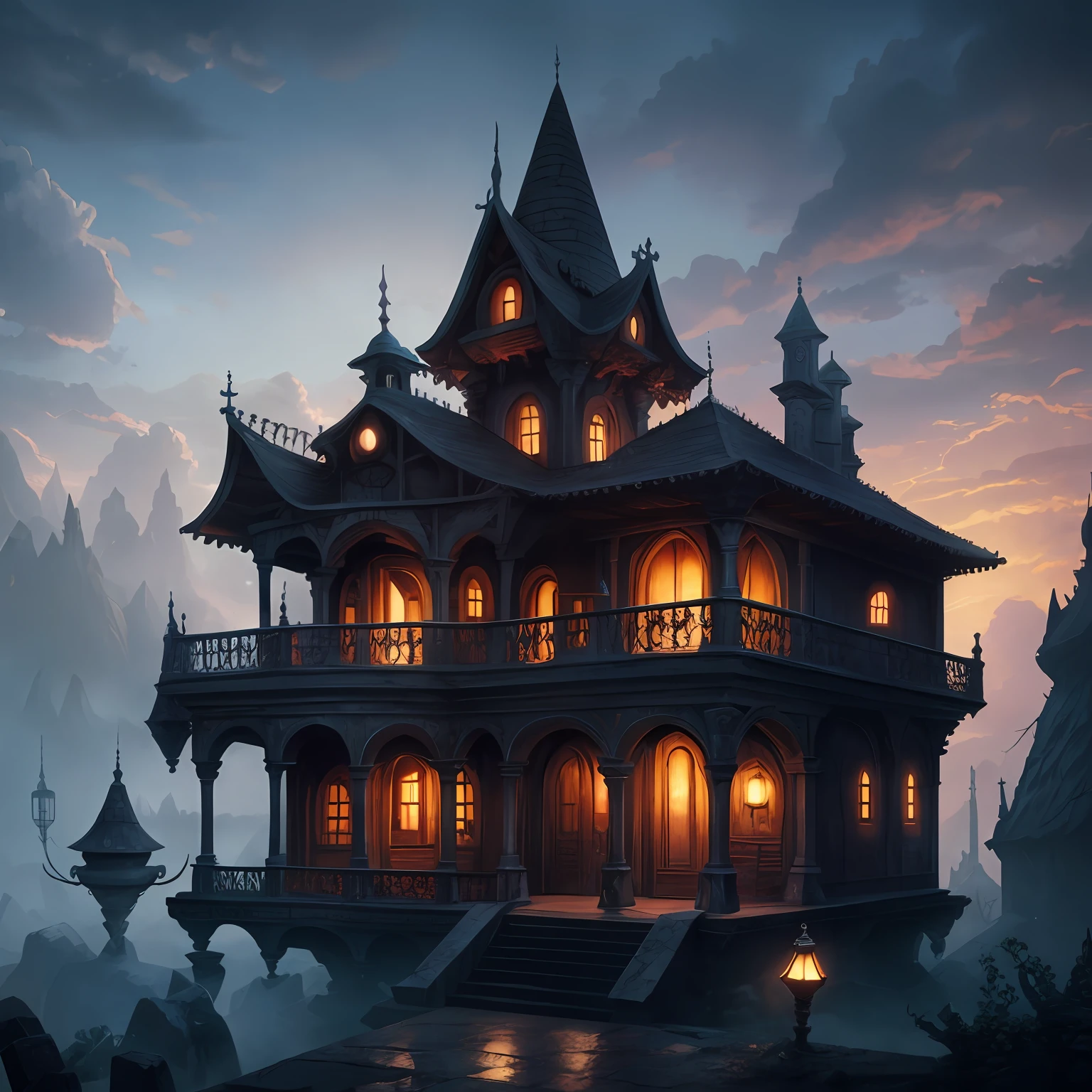 Casa Arafed en una orilla rocosa con un cielo oscuro en el fondo, dark fantasy setting, Render 3D y pintura mate, Arte conceptual oscuro fotorrealista, Pintura mate renderizada en 3D, matte painting in fantasy style, realistic fantasy render, Pintura mate arcano dota pixar, fantasy house, Estilo Fantasy 8 K Octano Render, Pintura digital mate, Castillo de Scarry). mistic