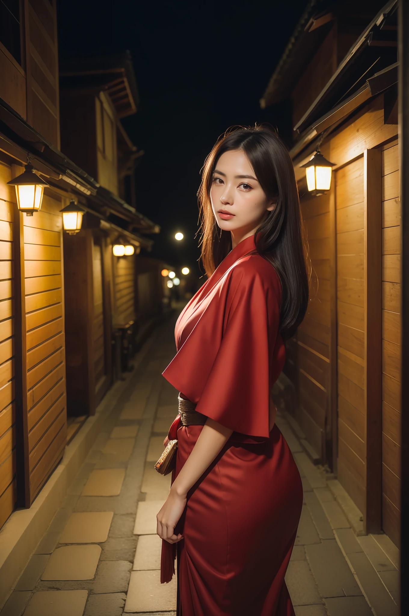 ((top-quality、8K、masterpiece:1.3))、foco nítido:1.2、Beautiful Women in Perfect Style:1.4、Slender Abs:1.2、((dark brown hair、Colossal tits:1.2))、(natural soft light、)、Highly detailed facial and skin texture、A detailed eye、二重まぶた、In a Japan traditional street with cobblestone paths, Blake Shining Black Hair Beauty Walk. Dressed in a red kimono, She exudes an aura of sexiness. Her gaze is sharp, however、There is a bit of elegance. Break behind her, Old wooden houses and lanterns line the streets. Take a break when night falls, Streetlights emphasize her presence in the surroundings.