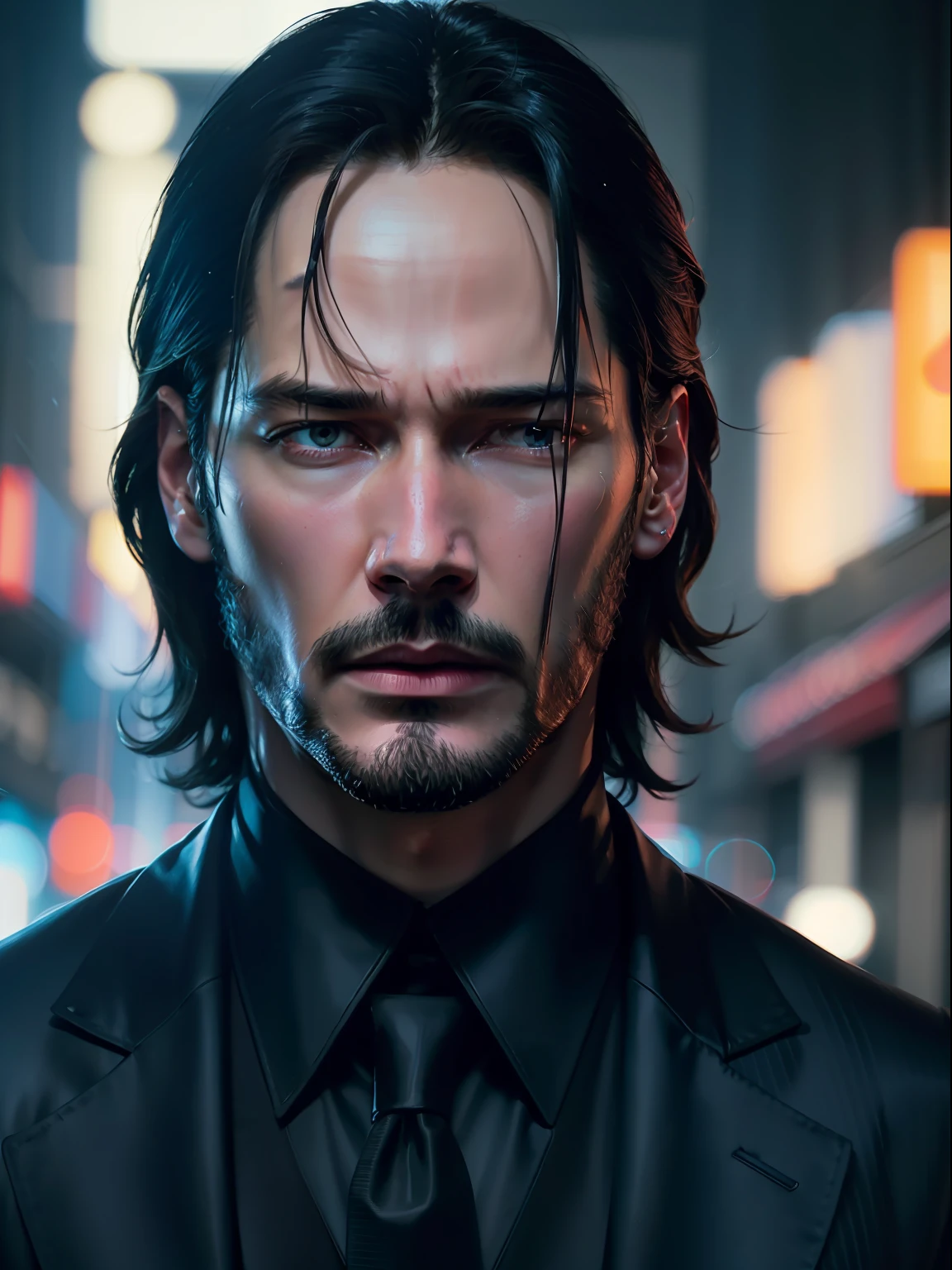 Keanu reeves John wick frontal half body portrait, full head, cold neon lights, neon noir, ultra detailed, photorealistic, masterpiece.