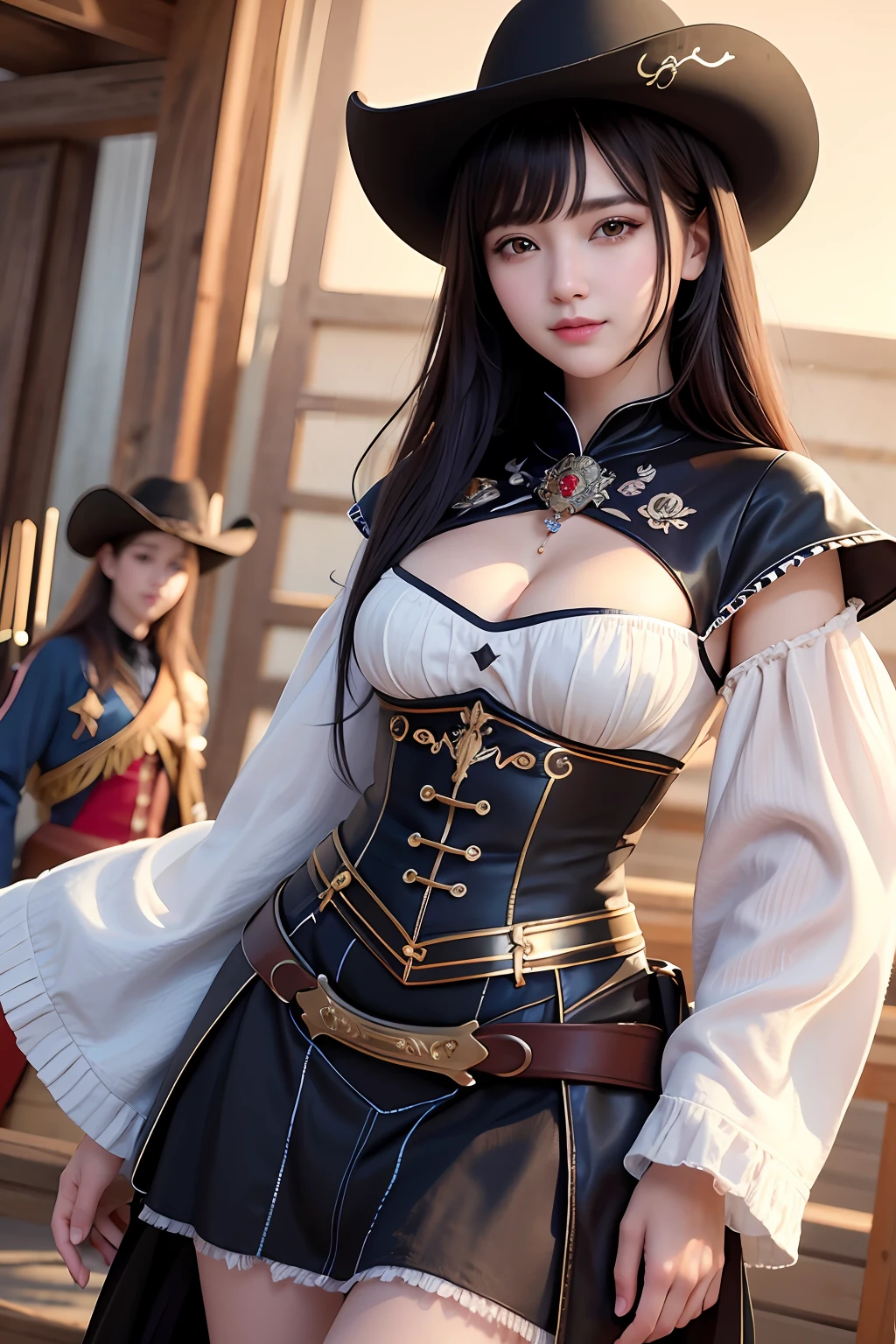 (illustration:1.1),(Best quality),(Masterpiece:1.1),(Extremely detailed Cg Unity 8K wallpaper:1.1), (Colorful:0.9),(cowboy:1.1),(Solo:1.2),sharp and clear focus, { 2 girls standing }, looking a viewer, make happy expressions, Soft smile, Pure, Beautiful face and eye details, Beauty fashion clothing department pattern details, Black hair, Black eyes,