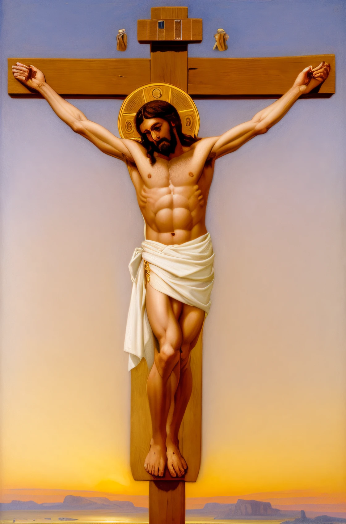 pintura de Jesus na cruz com uma luz celestial acima dele, Jesus na Cruz, Jesus na Cruz, Jesus Cristo na Cruz, crucifixion, Crucifixo, Jesus Cristo, inspirado em Jules Joseph Lefebvre, inspirado em Hans Memling, jesus of nazareth, Christian art, por Giotto, inspirado em William Holman Hunt, pintura religiosa