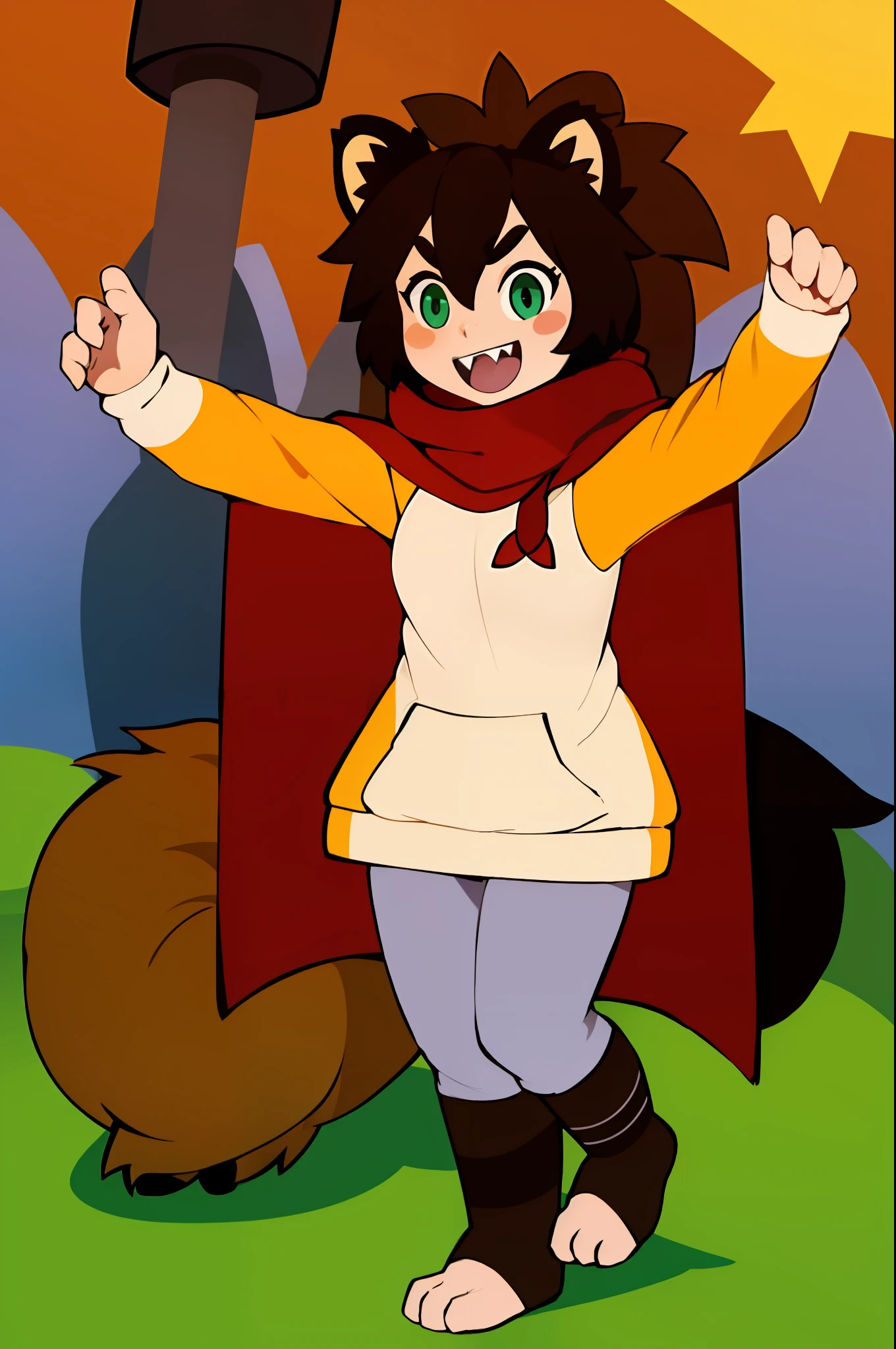 brown hair, long hair,medium breast, sport pants, long pullover, lion tails, living hair, animal fangs,green eyes, kemono mimi, cloak, medieval cloak flip flops