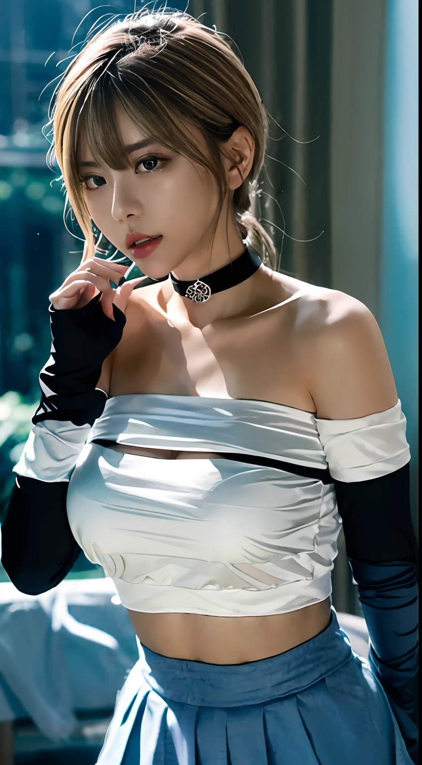 top-quality、超A high resolution、(Photorealsitic:1.4)、女の子1人、Off-shoulder white shirt、Black tight skirt、Black Choker、(faded ash gray hair:1)、(huge-breasted:1.2)、looking at viewert