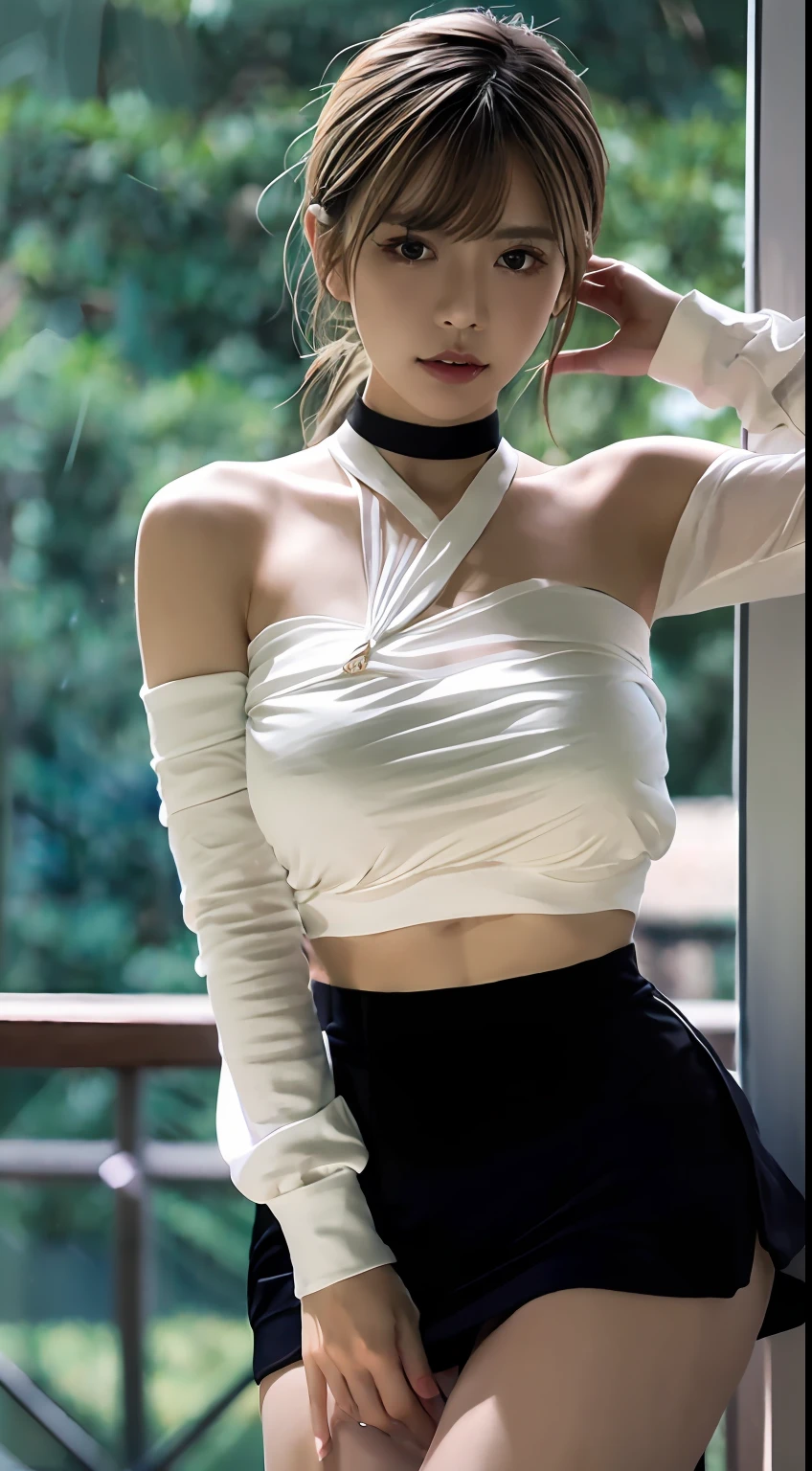 top-quality、超A high resolution、(Photorealsitic:1.4)、女の子1人、Off-shoulder white shirt、Black tight skirt、Black Choker、(faded ash gray hair:1)、(huge-breasted:1.2)、looking at viewert