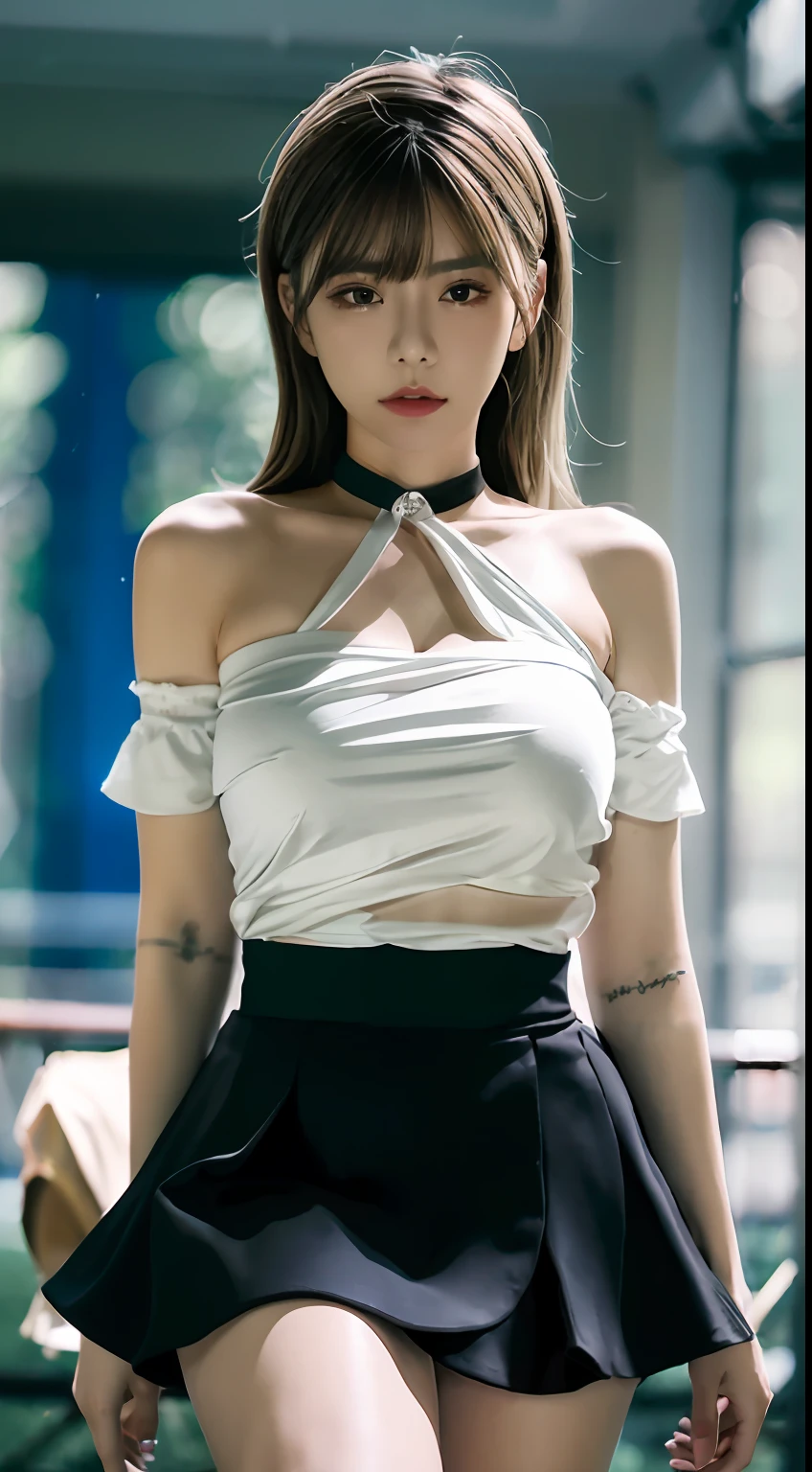 top-quality、超A high resolution、(Photorealsitic:1.4)、***1人、Off-shoulder white shirt、Black tight skirt、Black Choker、(faded ash gray hair:1)、(huge-breasted:1.2)、looking at viewert