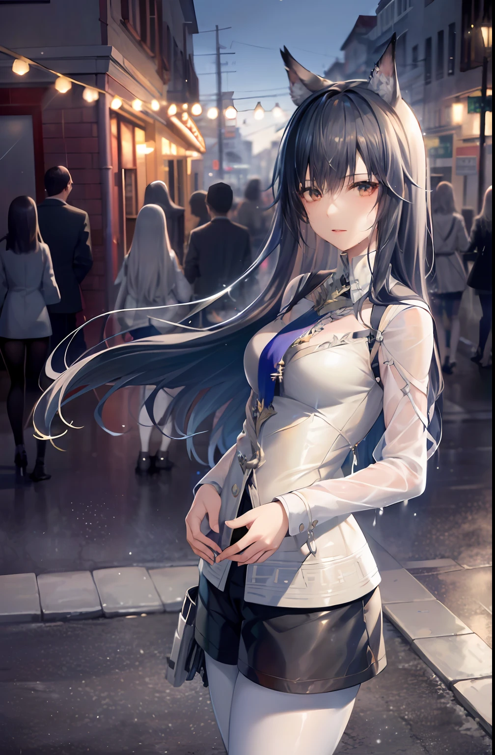 (8k, RAW photo, best quality, master:1.4), ultra high res, (realistic, photo-realistic:1.48),omertosa,1girl,(Kpop idol), (aegyo sal:1), cute, (super bokeh night city center:1.25), bokeh, night, traffic lights, road signs, rain, after rain, wet, professional lighting, detail lighting, photon mapping, radiosity, physically based rendering, white pantyhose bloom, backlighting, depth of field , natural light, hard focus, film grain, one meter shooting distance, professional shot, shot with sony a9 II mirrorless camera, detailed eyes, realistic eyes, detailed shadows, looking at viewer, dog ears, detailed lighting, dress , black dress, long legs, black stockings, (detailed hair, realistic hair, realistic lighting, realistic shadows, realistic clothing), realistic skin, (gun on waist: 1), from above Realistic light reflection, ((back arm)), (back hands) tube top sexy night wet rain white stockings