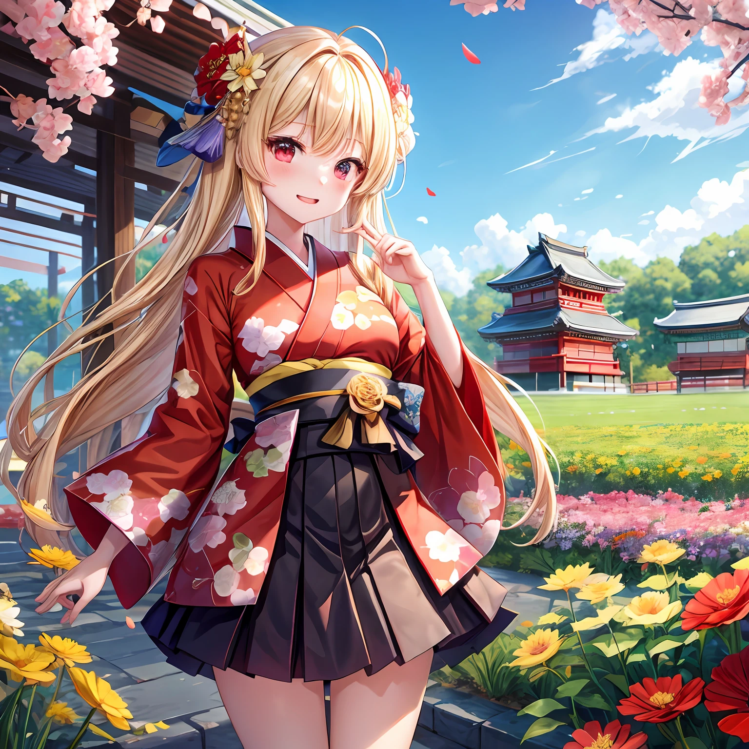 a blond、red eyes、One pretty girl、独奏、animesque、Kimono、Mini skirt、flower  field
