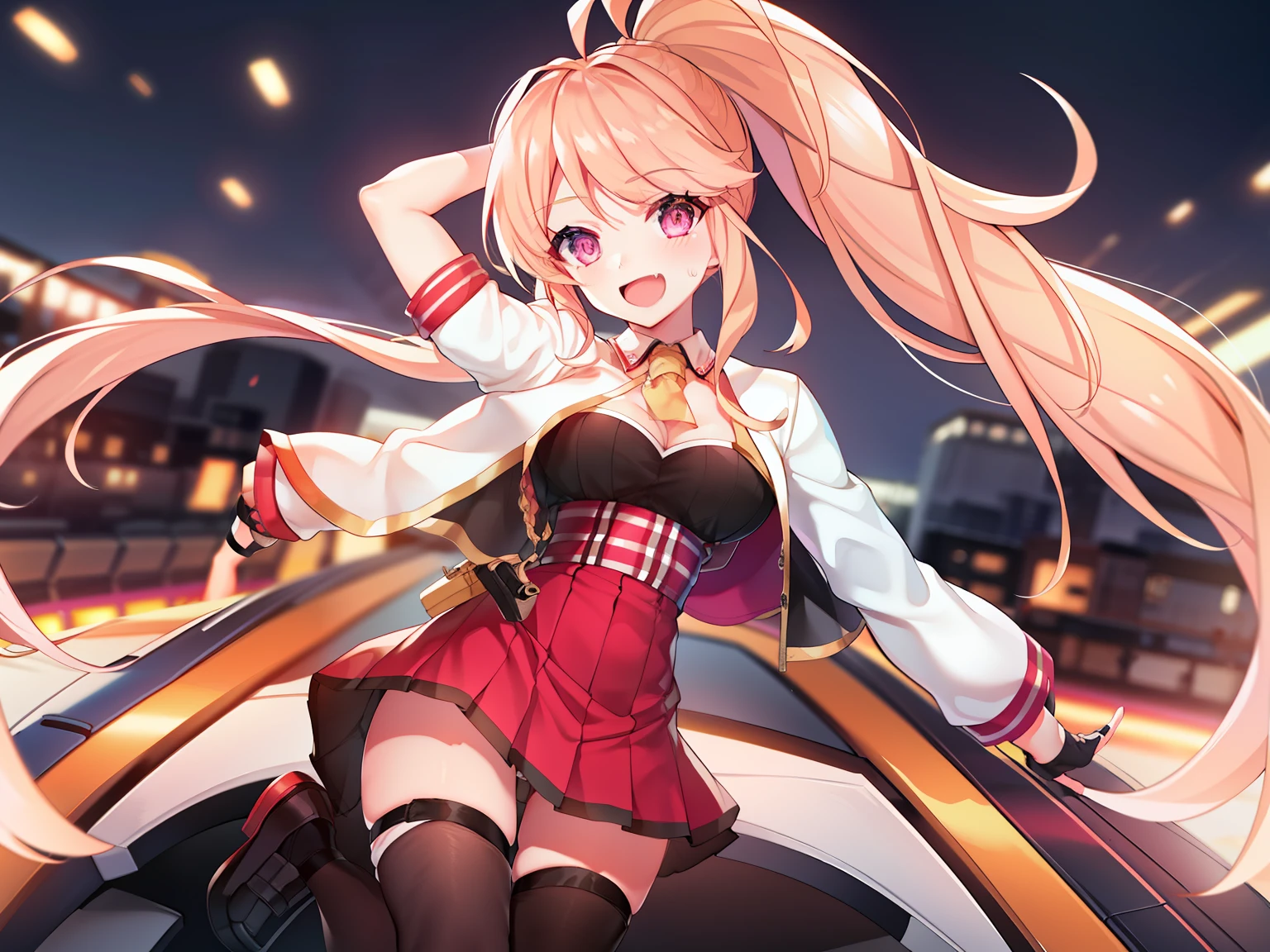 full bodyesbian,(ultra extreme details),(masterpeace),(hyper extreme),(Photorealistic),CG,(colours:1.2), Beautiful lighting,Light from the front, Achilles,High ponytail,ahoge,pale colored eyes,Black shirt,White jacket,Bracelet,Red high-waisted skirt,asymmetrical legwear,Loafer shoes,