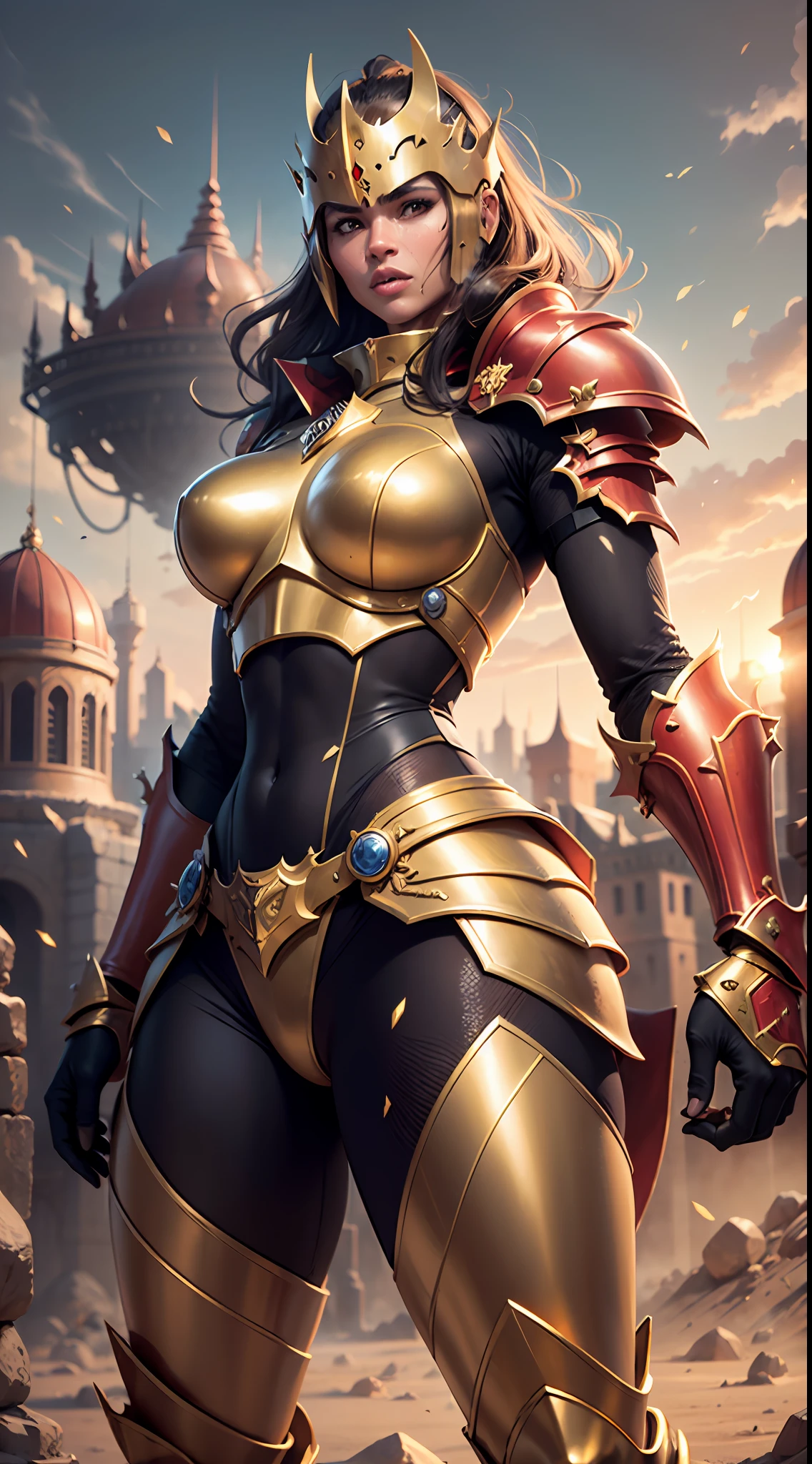 Ultra realistic , high resolution , ultra 8K , black woman , 30 years old , sweaty skin , athletic body with golden armor and red color , steel King clothes , a cybernetic King knight , Ultra resolution , Desert castle throne , fighting pose , fighting .