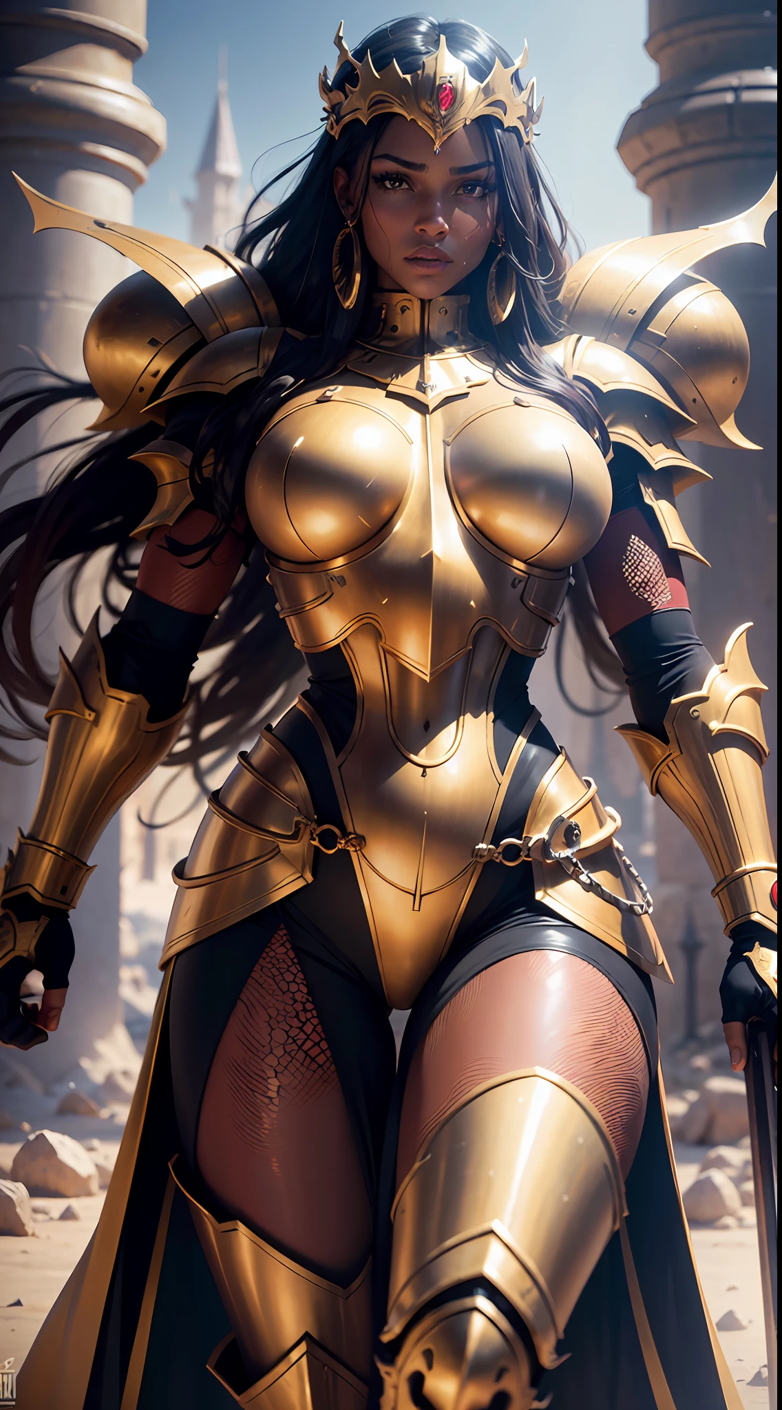 Ultra realistic , high resolution , ultra 8K , black woman , 30 years old , sweaty skin , athletic body with golden armor and red color , steel King clothes , a cybernetic King knight , Ultra resolution , Desert castle throne , fighting pose , fighting .