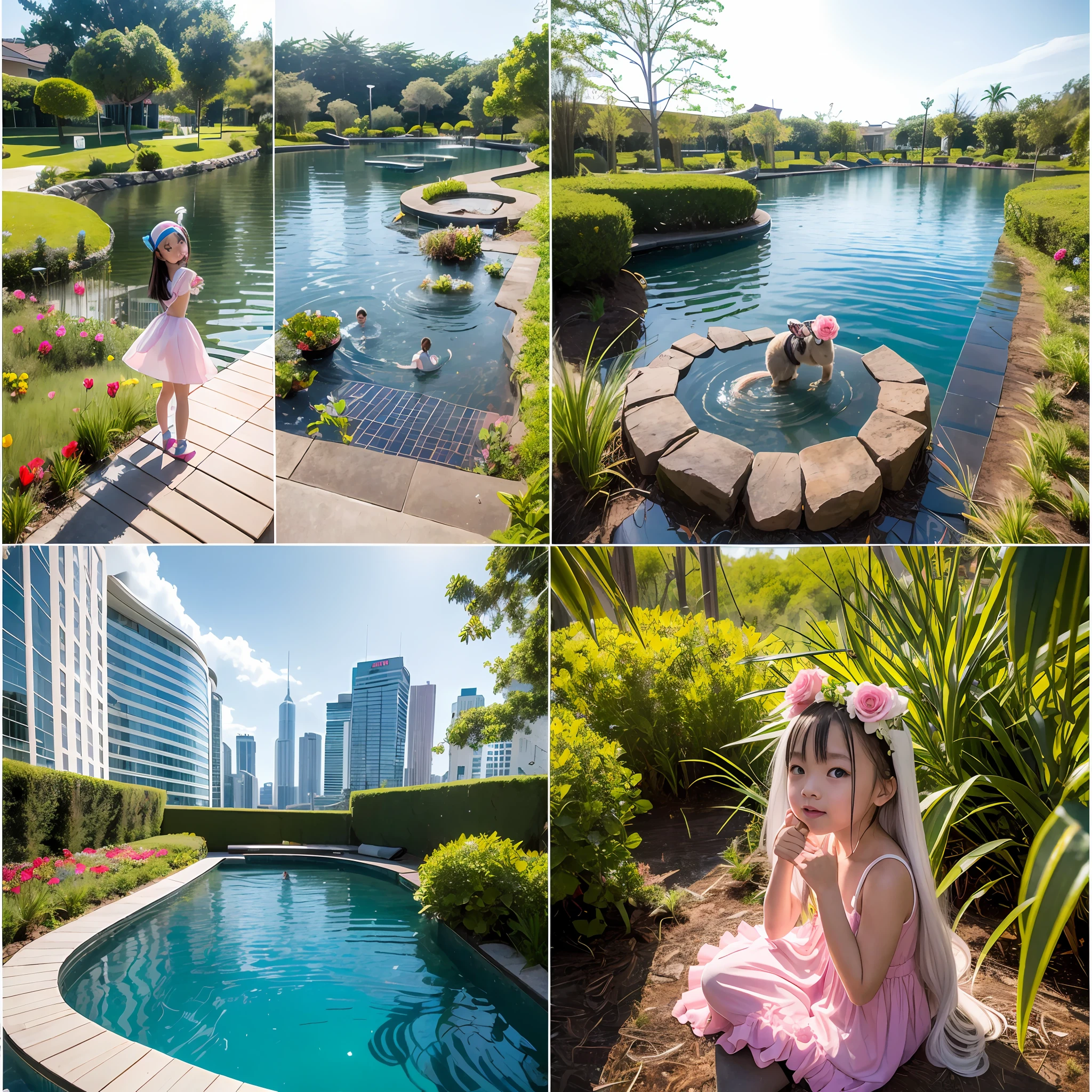 180-storey infinity pool,The tallest building in the city's forest,Sports Center,Bonsai around,Luo Han Song,coconut palms,coconut crab,tulips,Rose flower,Tease the alpacas to play,There were five girls wearing openwork translucent stockings,Pouting and smiling,is shy,Pout,Pink, gold, White, Blue, Five colors, Two-tailed hair and cyan eyes,Anime littlein servant costume