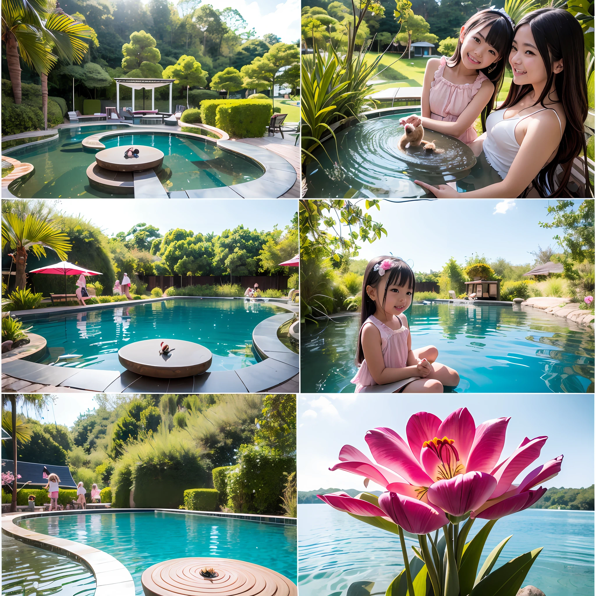180-storey infinity pool,The tallest building in the city's forest,Sports Center,Bonsai around,Luo Han Song,coconut palms,coconut crab,tulips,Rose flower,Tease the alpacas to play,There were five little girls wearing openwork translucent stockings,Pouting and smiling,is shy,Pout,Pink, gold, White, Blue, Five colors, Two-tailed hair and cyan eyes,Anime little girl in servant costume