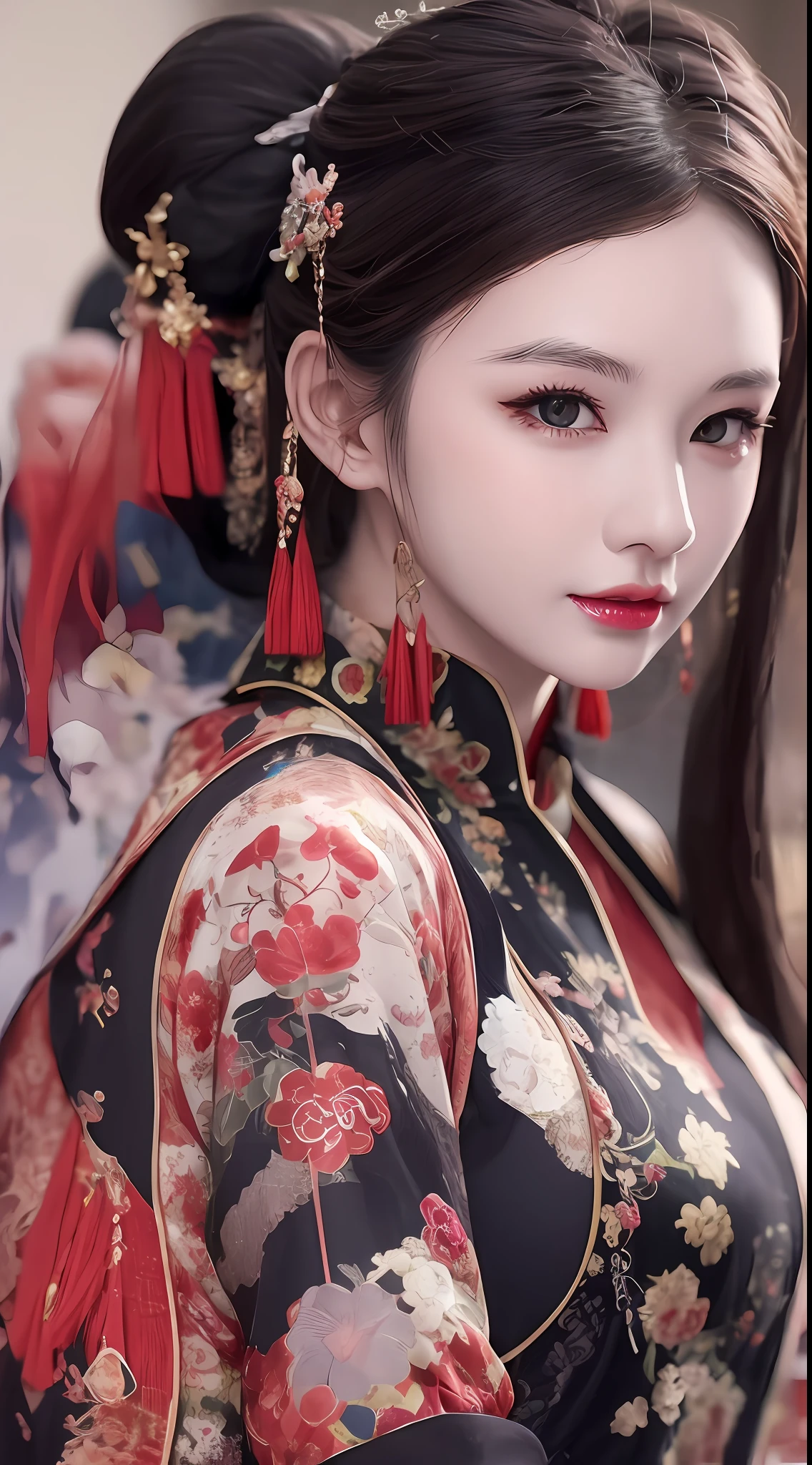 1 Chinese girl is very beautiful and lovely, wearing a long thin silk shirt with many sexy colors, In the Dark: 1.6), surreal female portrait by David Hockney and Alphonse Mucha, realistic art, Chinese super cute doll, cute little face,photorealism, dynamic lighting, artstation, volumetric lighting, very detailed faces, round chin, 8k ultra, Awarded, in the dark, deep shadow, low key, wearing black contact lenses: 1.4), chinese traditional costume, long hair, black hair, bust, luxurious palace, Royal style, devil crown, black eyes make up very sharp and detailed, The most beautiful face, balanced and white teeth, the breasts are very big and round and round, Super realistic, chinese women's clothing, polo neck sweater, Charming smile, The eyes are very well made up, eye bags under wet makeup, guweiz, hanfu style, wearing black mesh socks, Ponytail with a bow tied at the back of the hair, red lipstick, wearing a thin red and black robe, Hands pull the straps to reveal sexy breasts, the landscape is overcast and thunderous, (upper body portrait), Close-up of the main character, (Background details 1.8),HDR, UHD, 8k quality, detailed pixel, super realistic,