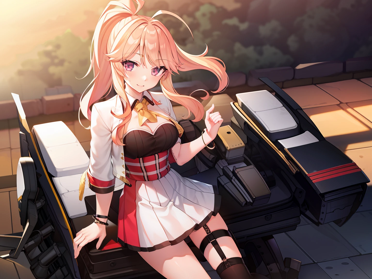 full bodyesbian,(ultra extreme details),(masterpeace),(hyper extreme),(Photorealistic),CG,(colours:1.2), Beautiful lighting,Light from the front, Achilles,High ponytail,ahoge,pale colored eyes,Black shirt,White jacket,Bracelet,Red high-waisted skirt,asymmetrical legwear,Loafer shoes,