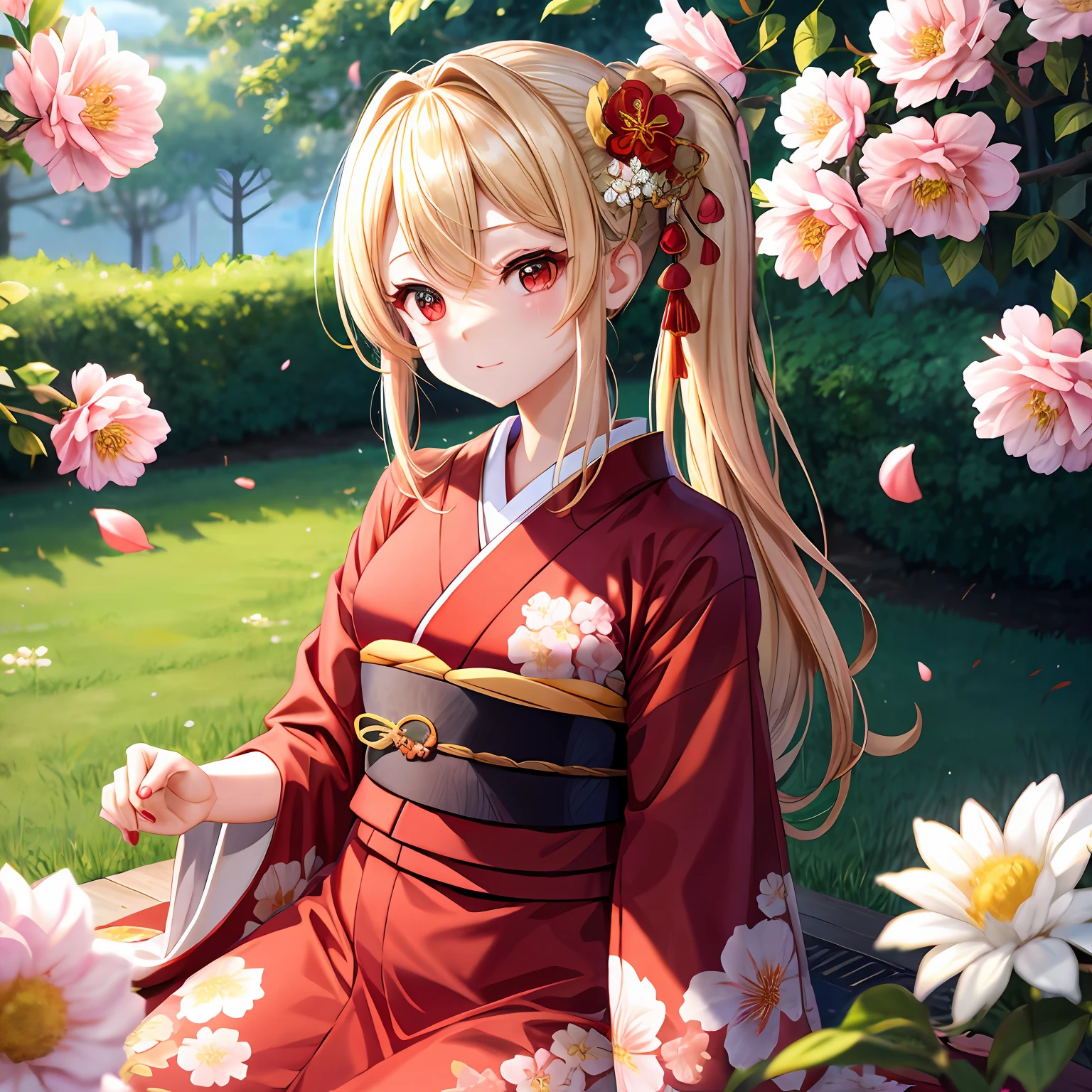 a blond、Hair is up、red eyes、One pretty girl、独奏、animesque、Kimono、flower field