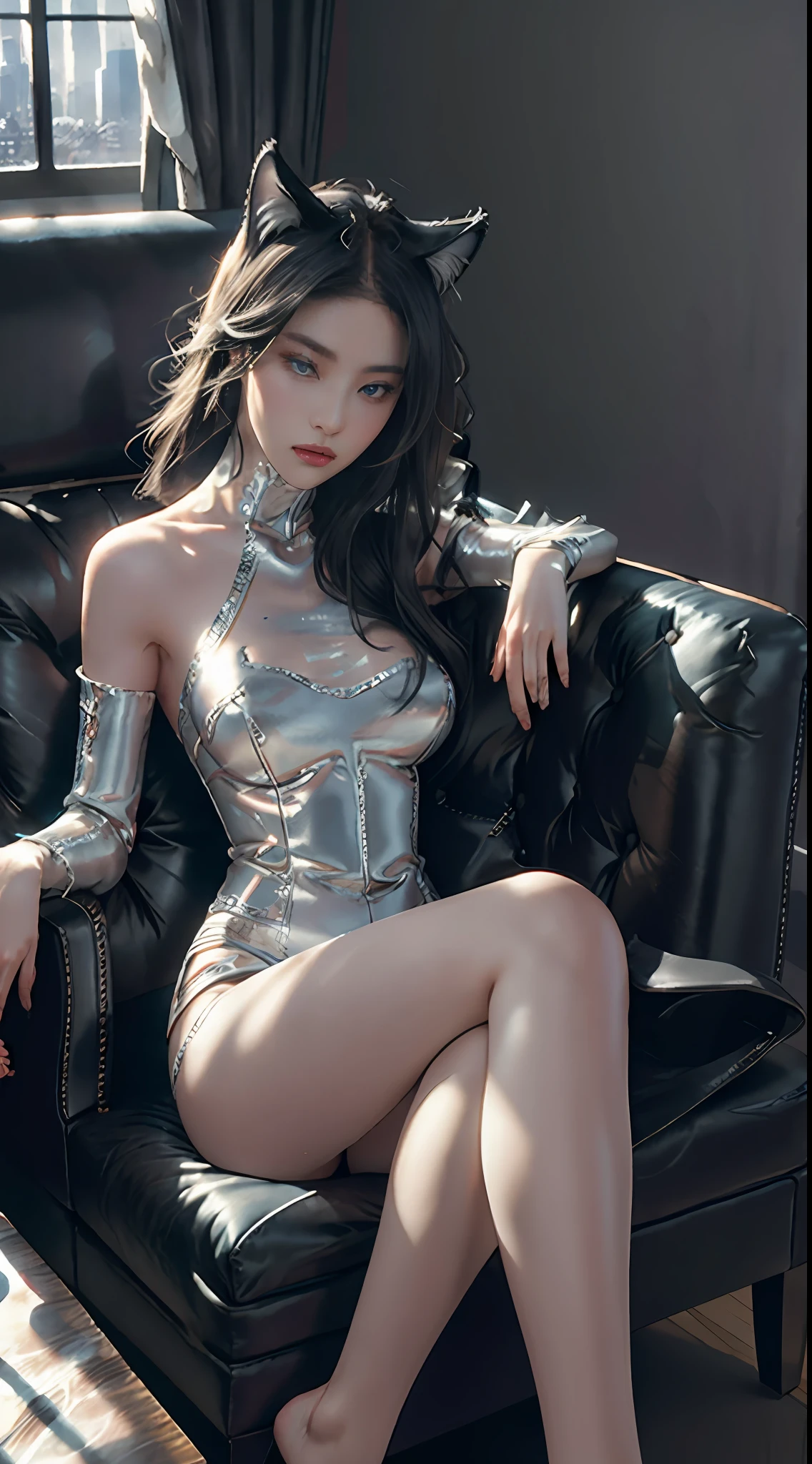 RAW, Masterpiece, Super Fine Photo, Best Quality, Ultra High Resolution, Photorealistic Photorealism, Sunlight, Full Body Portrait, Amazing Beauty, Dynamic Pose, Delicate Face, Delicate Legs, Vibrant Eyes, She Wears Futuristic Catwoman Costume, Tight Gaunt, High Neck Top, Bare Shoulders, Cat Ears, Sitting on Leather Sofa, Very Detailed Background, Detailed Face, Detailed Complex Busy Background, Messy, Gorgeous, Milky White, Highly Detailed Hands, Realistic Skin Details, Visible Pores, Sharp Focus, Volume Mist, 8k uhd, DSLR, high quality, film grain, fair skin, photo realism, lomo graphy, huge metropolis in future dystopia , seen from below, clothes translucent, butt upturned waiting, naked