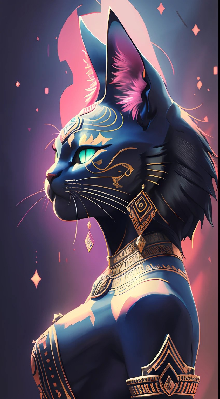 Bust of the Feline Deity Bastet, hand close to face, red scratch on face, perfect hand, simple adornment on head, slightly in profile, ink stains, colored ink faixos, in the style of Android Jones artist, mystical colors, rim light, dramatic and dark lighting, 8k, stunning scene, raytracing, octane, trend in artstation