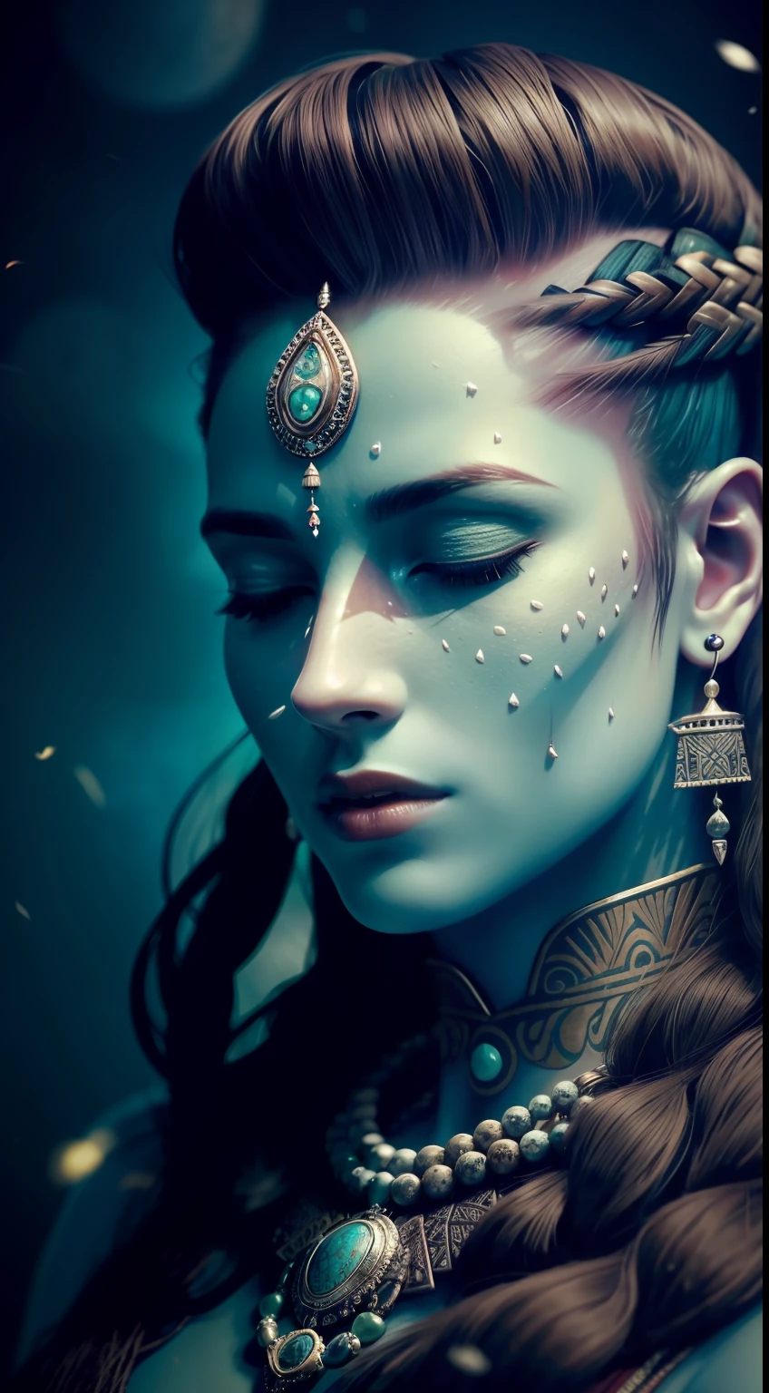 (full portrait), (half shot), solo, detailed background, detailed face, (stonepunkAI, stone theme:1.1), wise, (female), shaman, mystical, (gorgeous face), head tilted upwards, (eyes closed, serene expression), calm, meditating, Seafoam Green frayed clothes, prayer beads, tribal jewelry, feathers, jade, obsidian, detailed clothing, realistic skin texture, (floating particles, water swirling, embers, ritual, whirlwind, wind), foreboding atmosphere, sharp focus, volumetric lighting, good highlights, good shading, subsurface scattering, intricate, highly detailed, ((cinematic)), dramatic, (highest quality, award winning, masterpiece:1.5), intricate symmetrical warpaint,