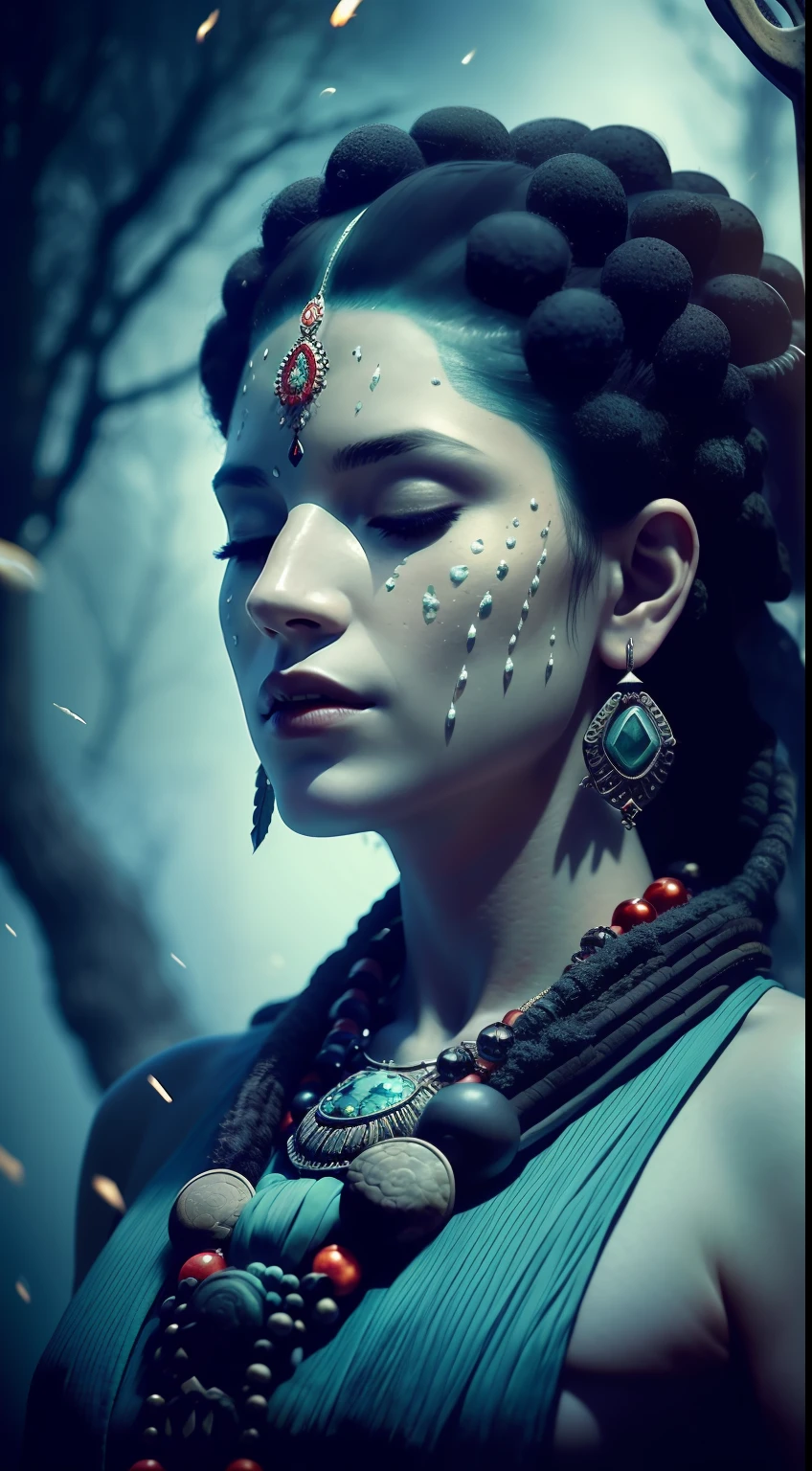 (full portrait), (half shot), solo, detailed background, detailed face, (stonepunkAI, stone theme:1.1), wise, (female), shaman, mystical, (gorgeous face), head tilted upwards, (eyes closed, serene expression), calm, meditating, Seafoam Green frayed clothes, prayer beads, tribal jewelry, feathers, jade, obsidian, detailed clothing, realistic skin texture, (floating particles, water swirling, embers, ritual, whirlwind, wind), foreboding atmosphere, sharp focus, volumetric lighting, good highlights, good shading, subsurface scattering, intricate, highly detailed, ((cinematic)), dramatic, (highest quality, award winning, masterpiece:1.5), intricate symmetrical warpaint,