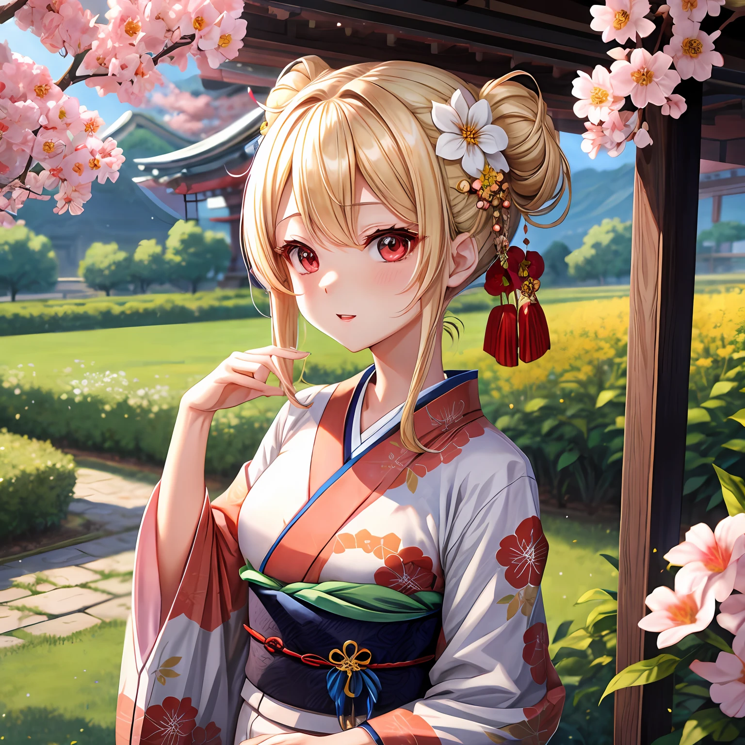 a blond、Hair is up、red eyes、One pretty girl、独奏、animesque、Kimono、flower  field