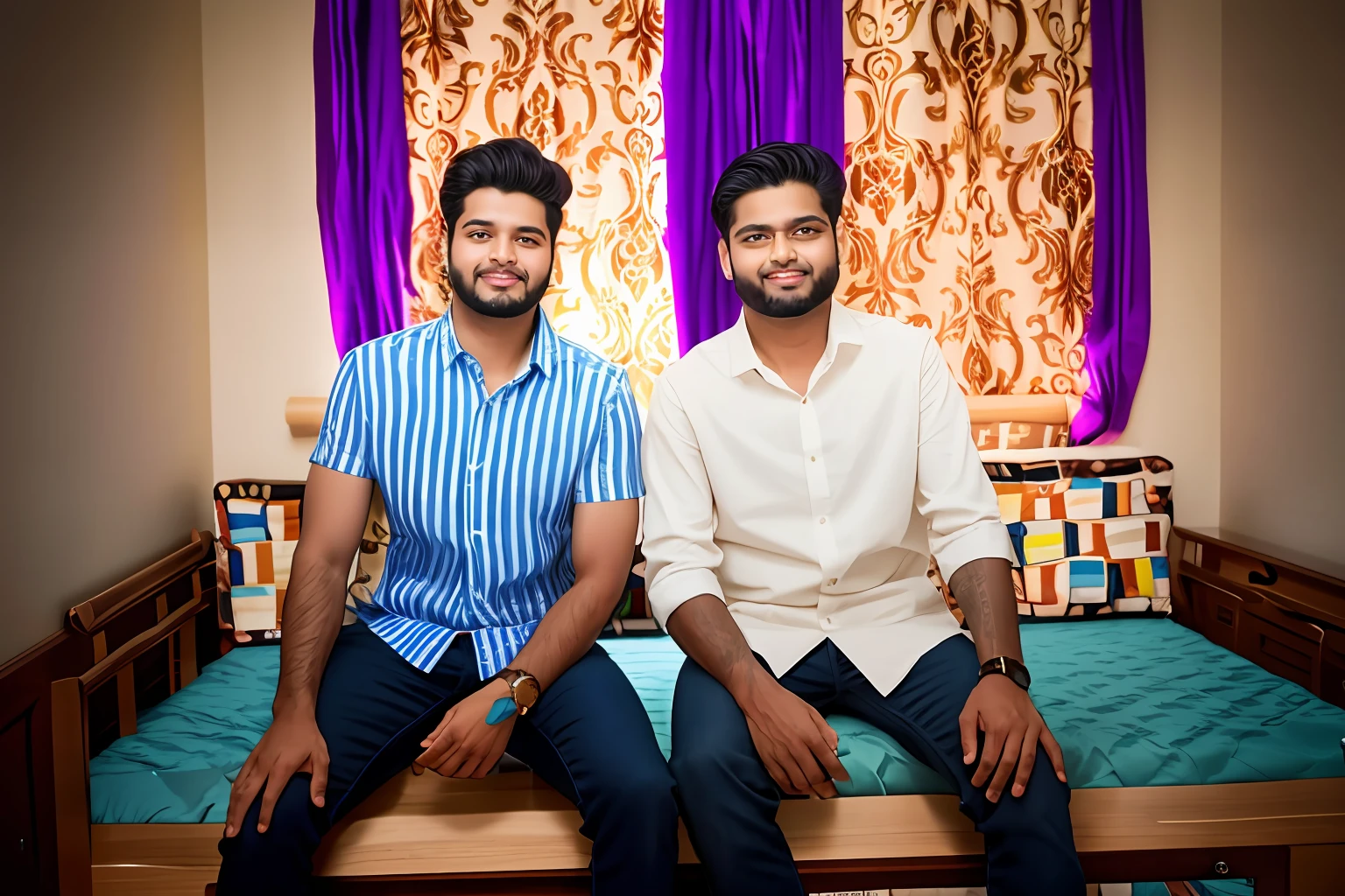 they are sitting on a bed together in a room, two buddies sitting in a room, ghutra and egal, shot on sony a 7 iii, jayison devadas, taken with sony alpha 9, taken with canon 8 0 d, two young men, taken with canon eos 5 d mark iv, accurate depiction, shot on canon eos r 5, handsome boys, Chang background , 8k , handsome boys