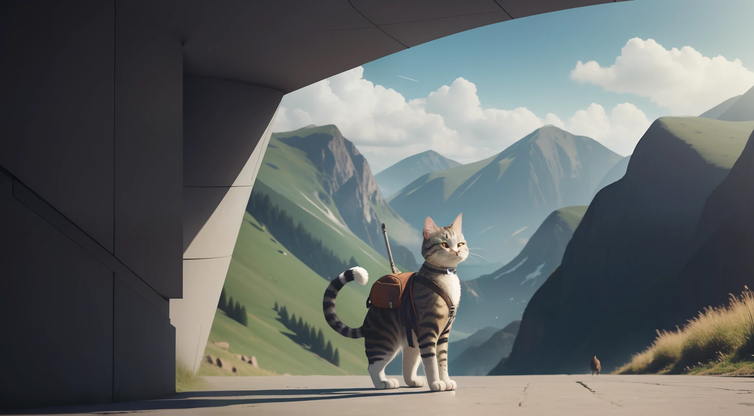 A traveling cat,Stand head-on,Carrying a rucksack,Take the staff,in a panoramic view,Cinematic level,blender