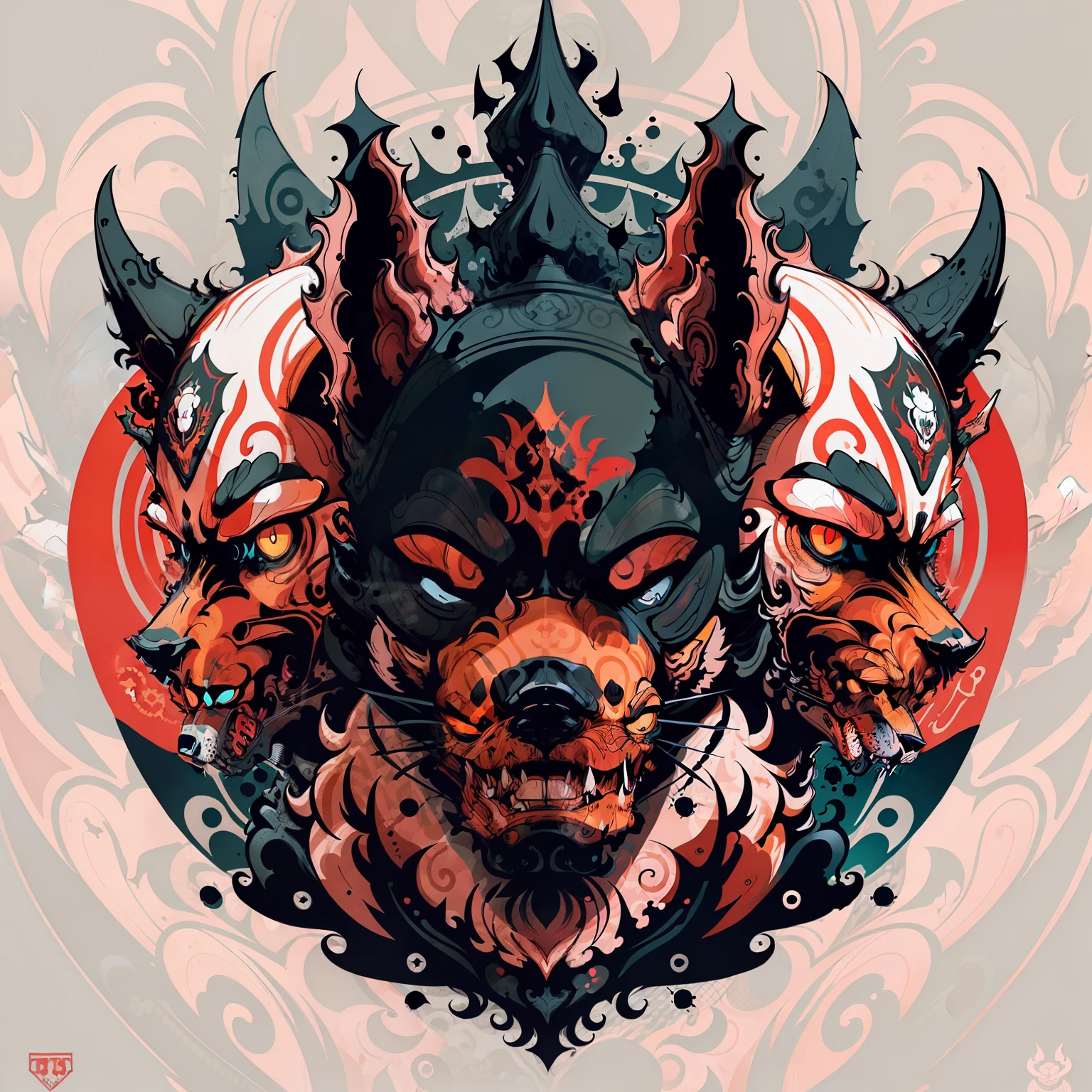 in the style of 0mib，Hell three-headed dog，Vector image, T-shirt design,