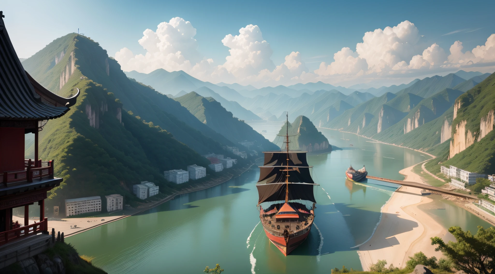 Overlooking,Ancient Chinese Yangtze River crossing,The small boat parked puts away the sails,The ship was packed with ancient people,Black pressed one piece