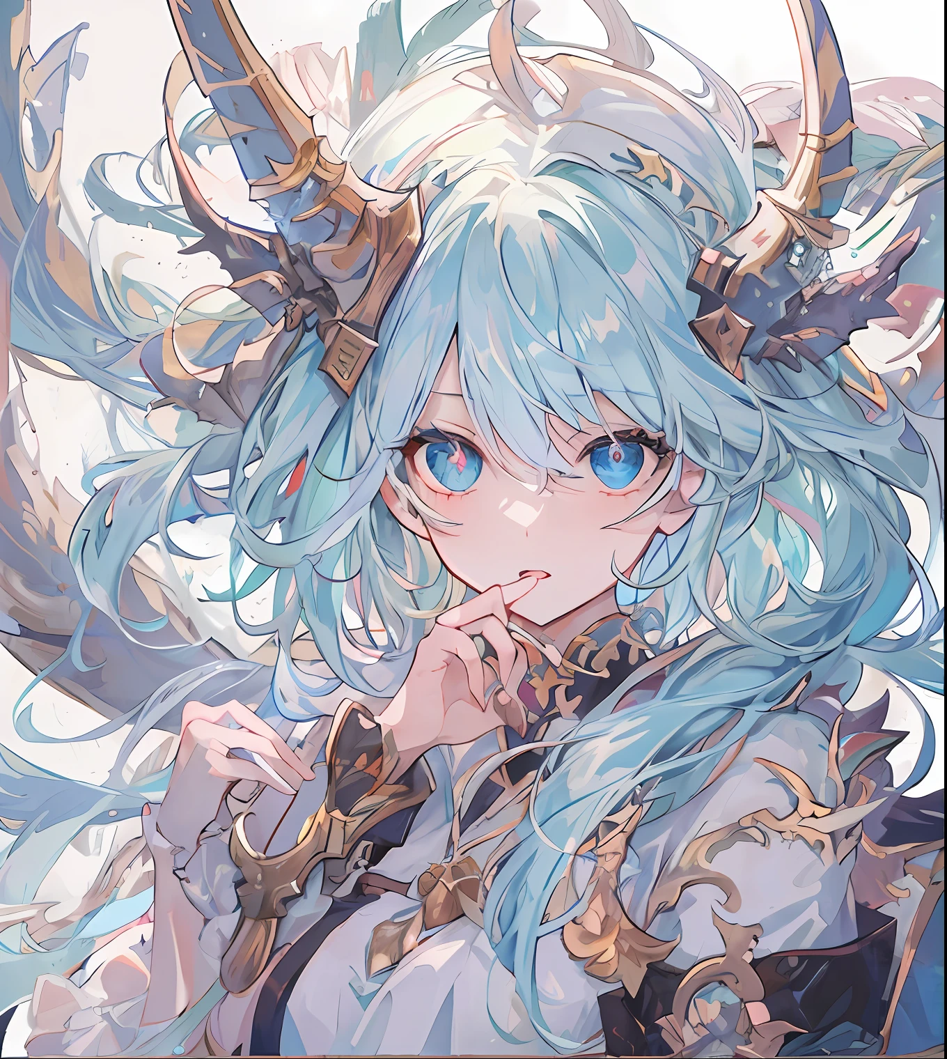 tmasterpiece,Best quality at best,A girl,Pale light blue hair,Heterochromic pupils,Dragon's horn,Pale yellow skirt,big sword