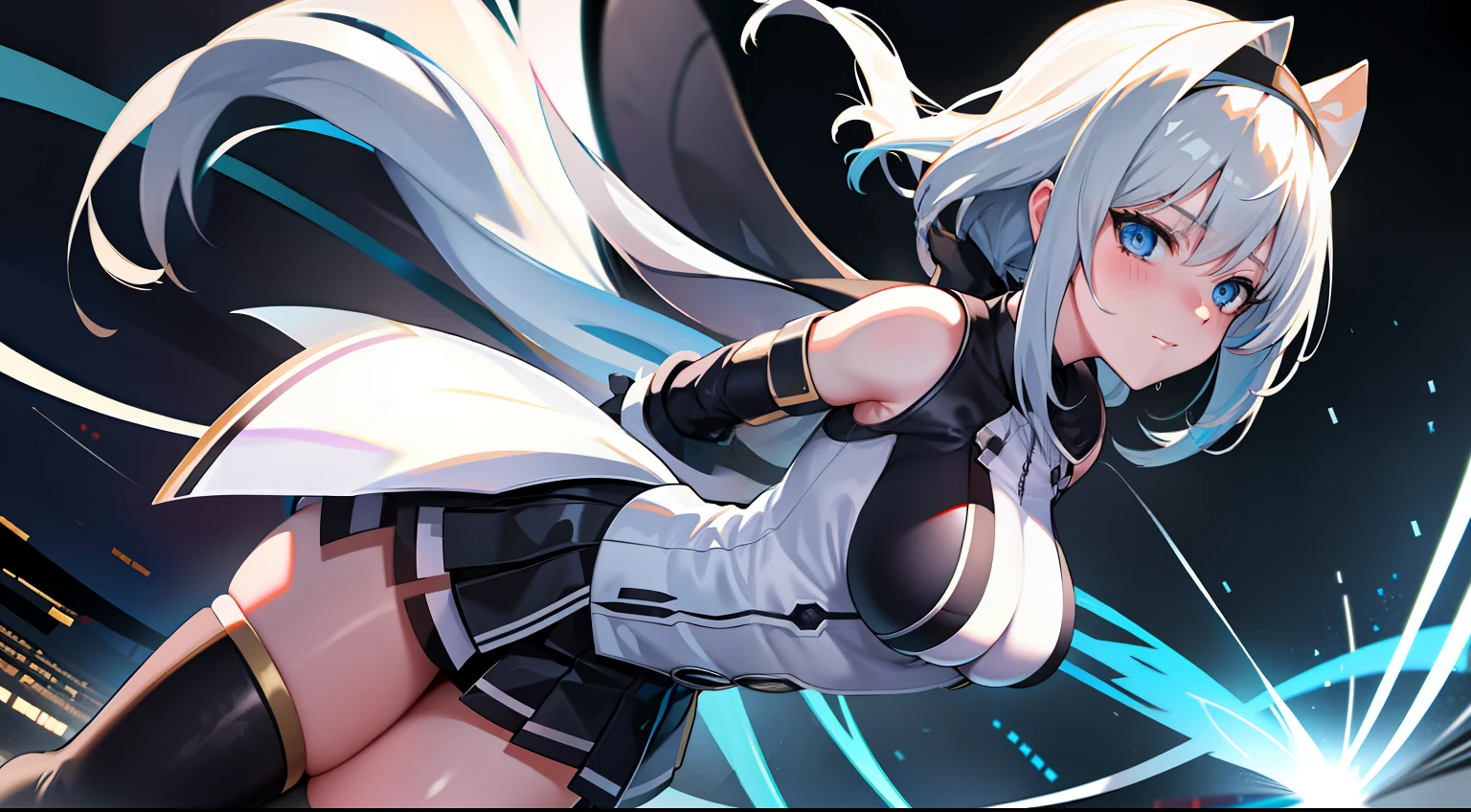 (ultra extreme details),(masterpeace),(hyper extreme),(Photorealistic),CG,(colours:1.2),1girll, Solo, Haruka Takamori, Blue eyes, White hair, white hair ribbon, magical girl, white apparel, white thigh highs, White skirt, moderate breast, Look at the viewer, rained, sky, 废墟, Burning City, Cyberpunk