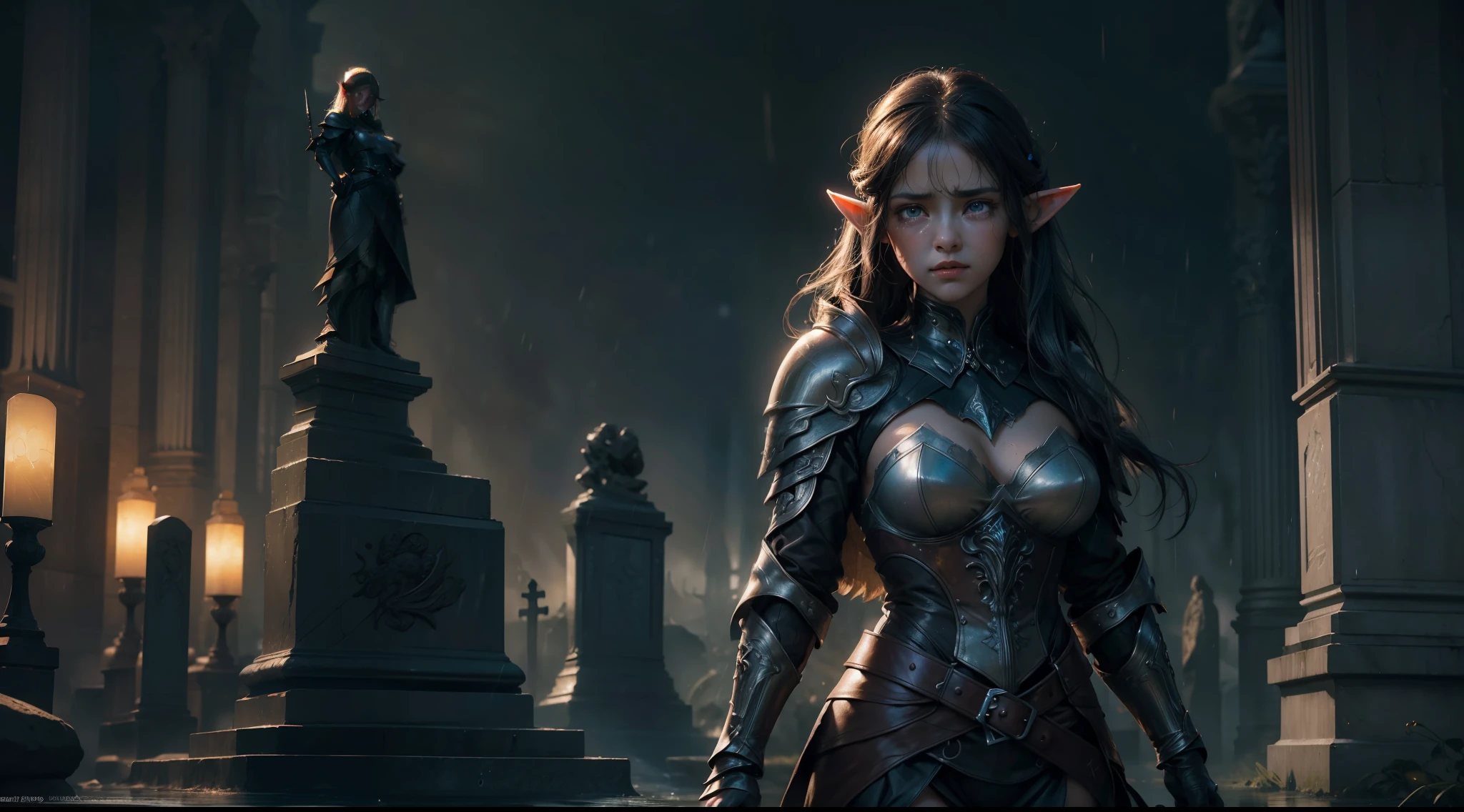 (Masterpiece:1.21), (Best quality:1.331), ((Ultra-detailed)), ((extremely best illustration)), ((Amazing)), (hyper qualit), Gorgeous and rich graphics, (Extremely delicate and beautiful:1.21), 8K, the wallpaper, (extremely beautiful lighting), hard light, Delicate composition, (Perfect positioning), (extremely beautiful and detailed background:1.21), Rembrandt style expression of light and shadow, Dark tone, (Low profile, high differential color levels), ((Depth of field)), deepshadow, Radial blur, rain, (The background is blurred out), (1 female elf),(Beautiful detailed eyes), looks into camera,((half-body shots)),Large breasts,Complex leather armor,Glowing sword,The background is a cemetery,(((grieves,streaming tears)))