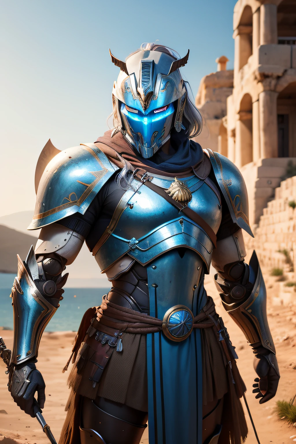 create a mythical and realistic looking warrior robot for the country Greece  with a typical greek background