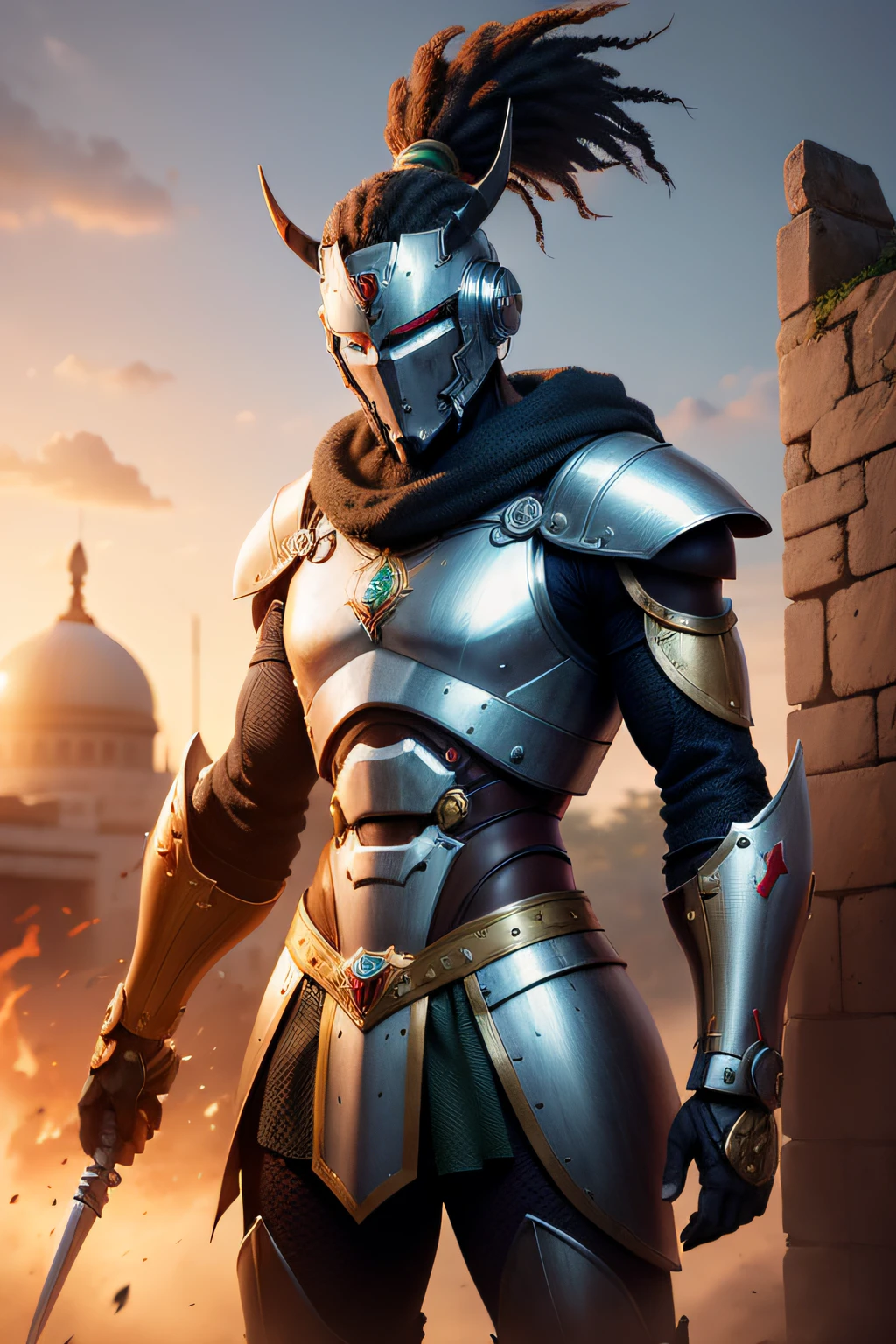 create a mythical and realistic looking warrior robot for the country Jamaica with a typical jamaican background