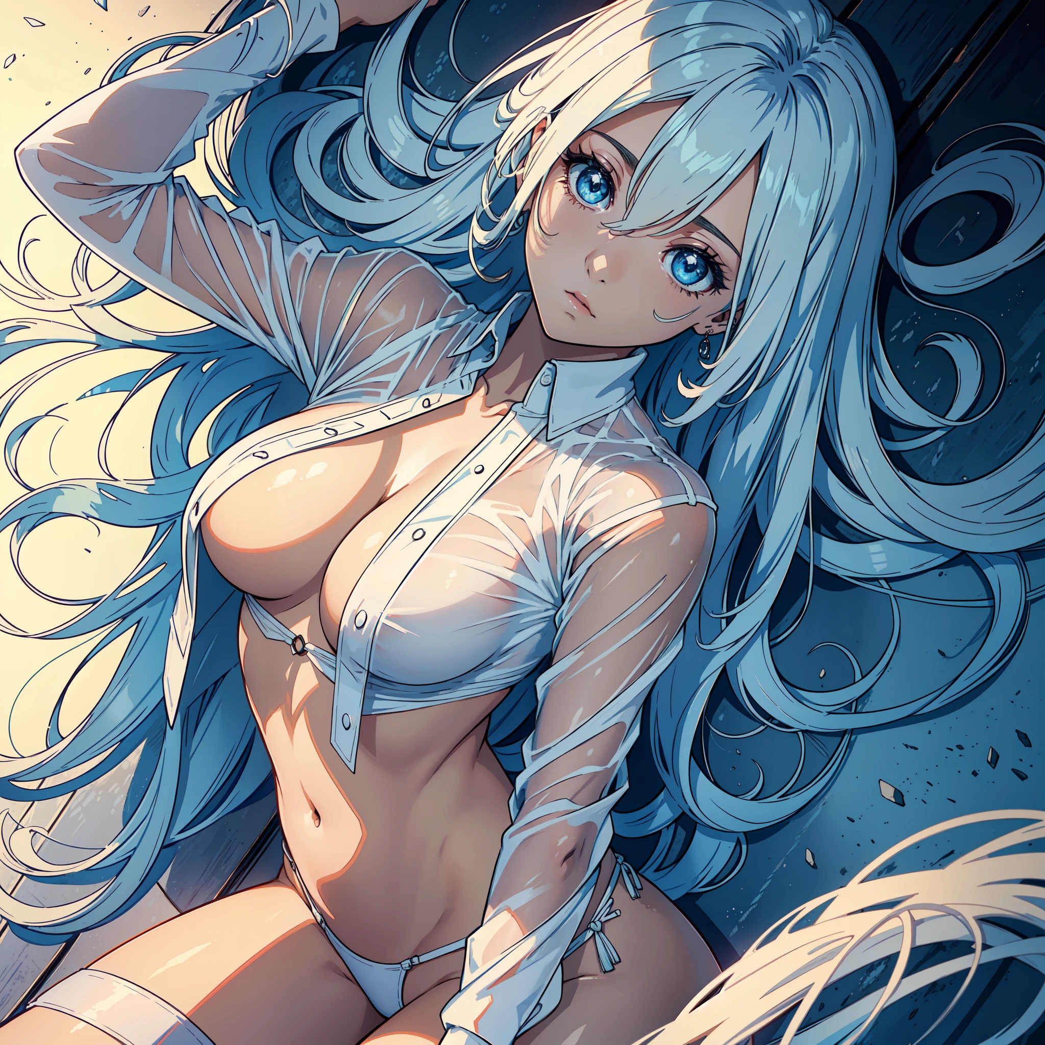 "(1 mulher bonita), em quarto, sedutora, cabelo branco, olhos vermelho, Camisa transparente, (Estilo anime 8k), (imagem ultra detalhada), (corpo meticulosamente detalhada, with amazing textures and shadows),