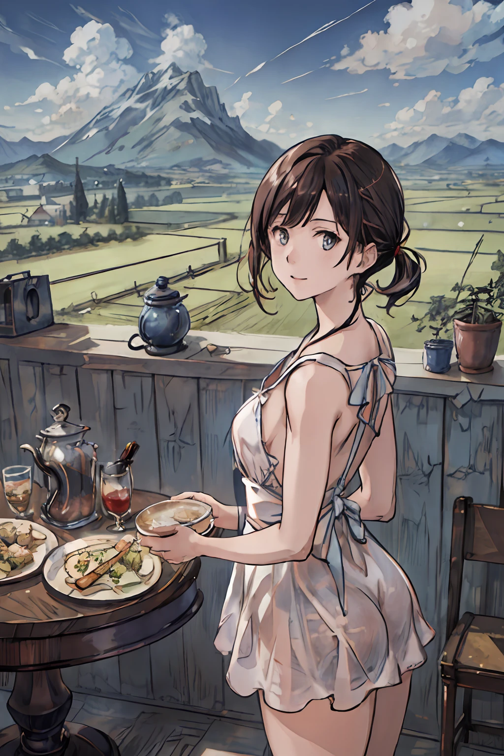 best qualtiy、细致背景、girl with、plateau、(cafeteria)、High Mountains、blue open sky、cumulonimbus clouds、夏天、Sunlight、high detailing, Sharp Focus, (Photorealism), Realistic, Best Quality, 8K, awardwinning, Dramatic Lighting, epicd, Cinematic, masutepiece, Rim Light, depth of fields, Dutch Angle, Motion Blur, fashion photograhy,