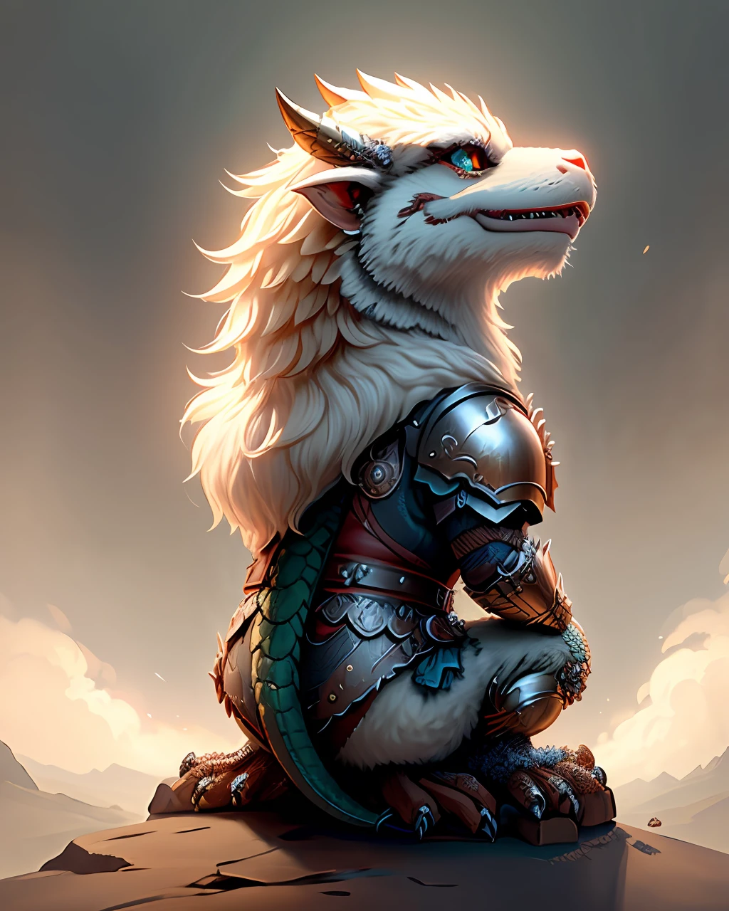 super cute fluffy dragon in armor, photorealistic, 8K, ultra detailed, vray rendering, unreal engine, midjourneyart style,
