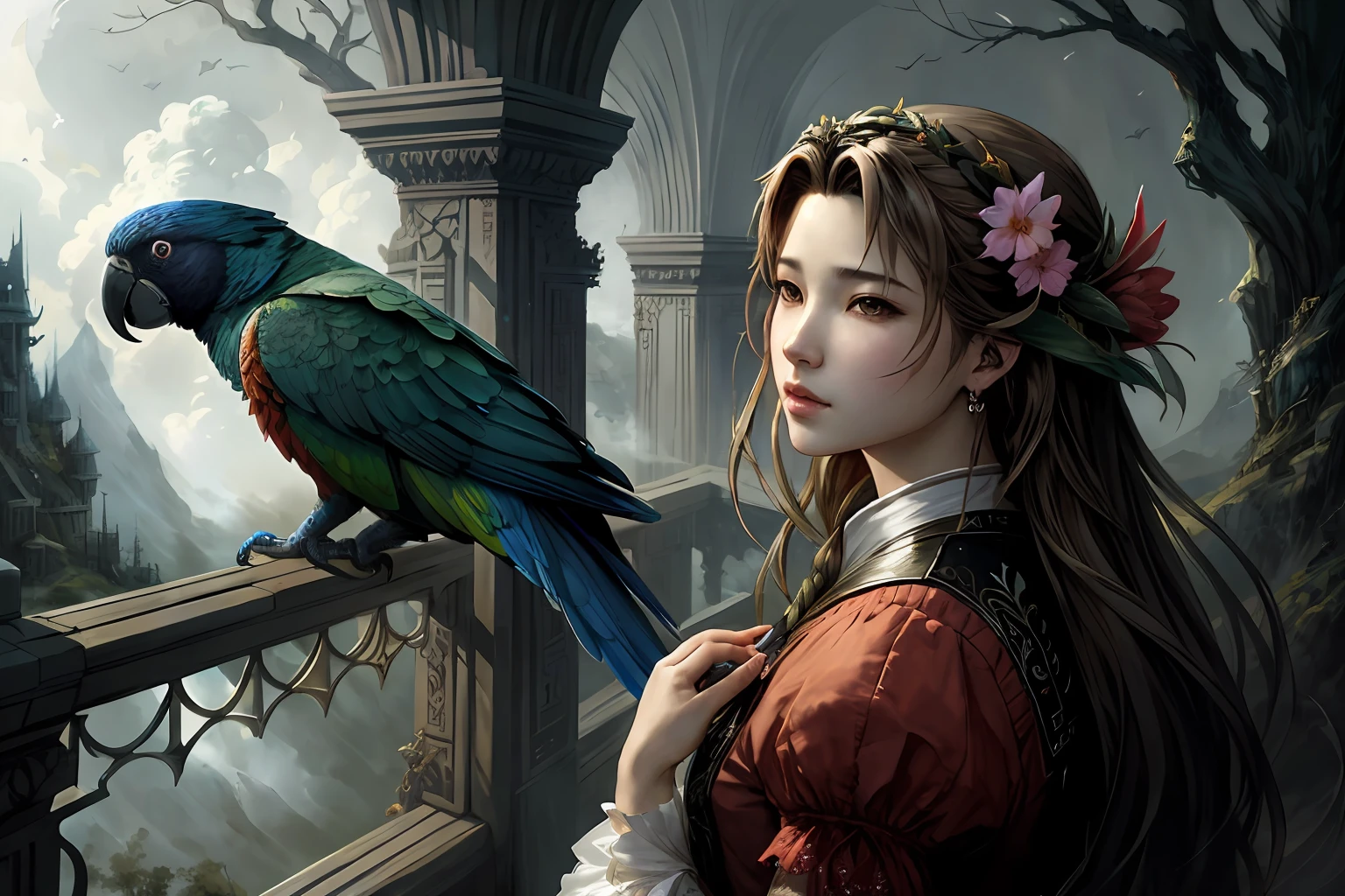 (dark dim dramatic atmosphere)+ 8k wallpaper, ()  ( aerith gainsborough  :1.5 ) wearing (lace : 1.3) with    Vibrant parrot sings on branch,  at A mountaintop fortress, home to a powerful sorcerer and his army of elemental golems ,  intricate, highly detailed,  messy, ( Speedpainting  :1.2),  smooth, sharp focus, illustration, by artist christophe young and artist kyoung hwan kim