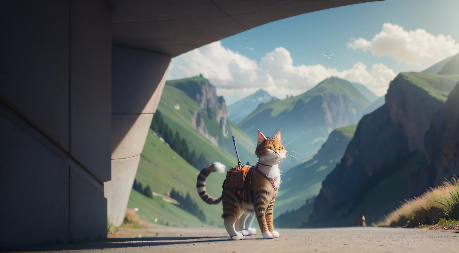 There was a cat walking down the road with a backpack on his back, 3 d render and matte painting, fantasy matte painting,Cute, adventure hyper realistic render, optimistic matte painting, 3d rendered matte painting, inspired by Chris LaBrooy, fantasy style 8 k octane render, Samurai cat, Cat Warrior, stylized 3d render, realistic fantasy rendering, armored cat